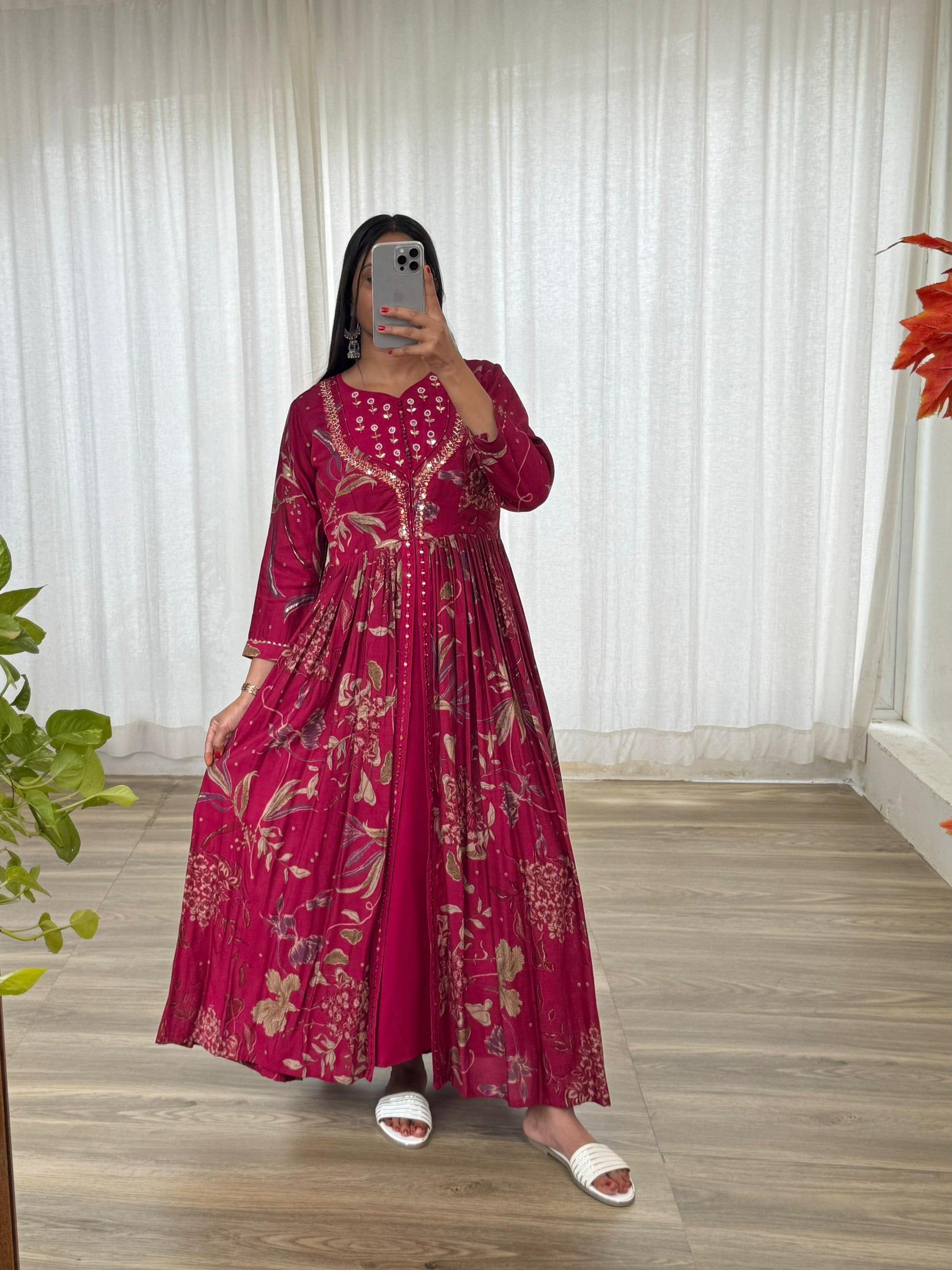 Enamoring Rani Roman Silk Handworked Fully Stitched Designer Gown - INDIAN ELEGANCE