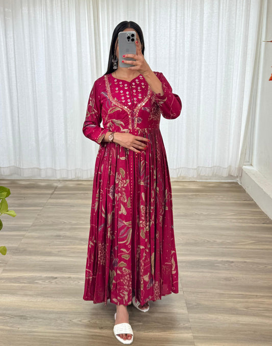 Enamoring Rani Roman Silk Handworked Fully Stitched Designer Gown - INDIAN ELEGANCE