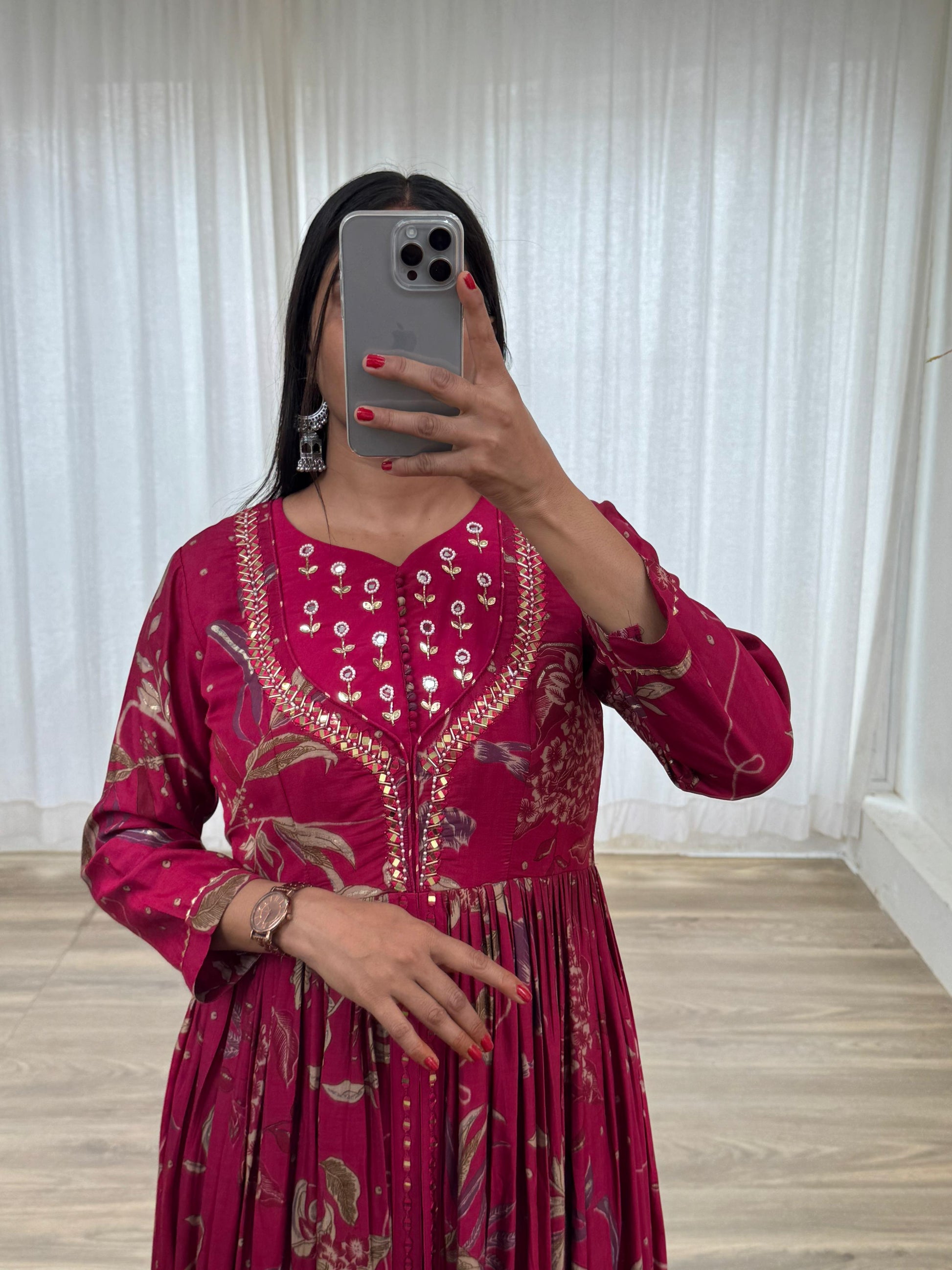 Enamoring Rani Roman Silk Handworked Fully Stitched Designer Gown - INDIAN ELEGANCE