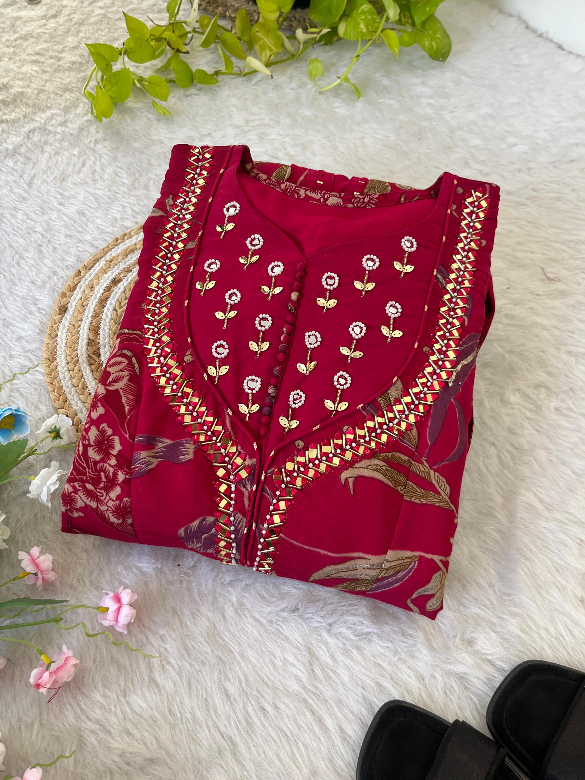 Enamoring Rani Roman Silk Handworked Fully Stitched Designer Gown - INDIAN ELEGANCE