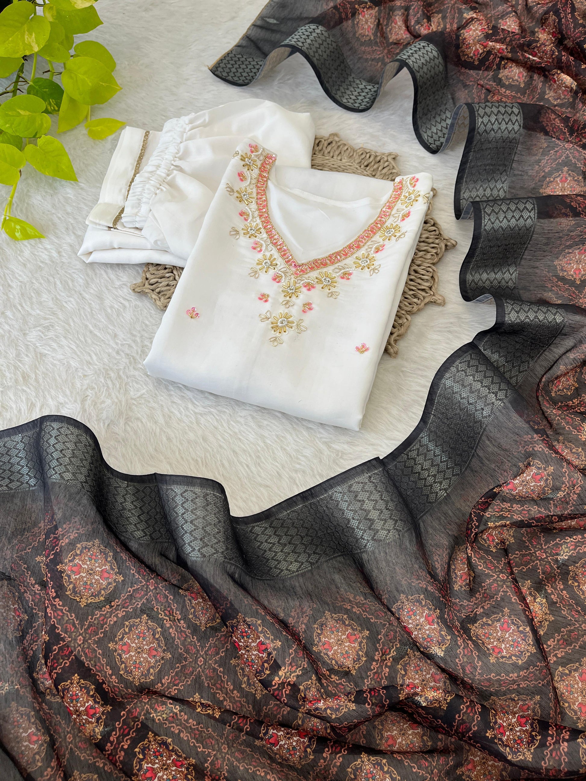 Chic White Roman Silk Handcrafted Anarkali Pant Suit - INDIAN ELEGANCE