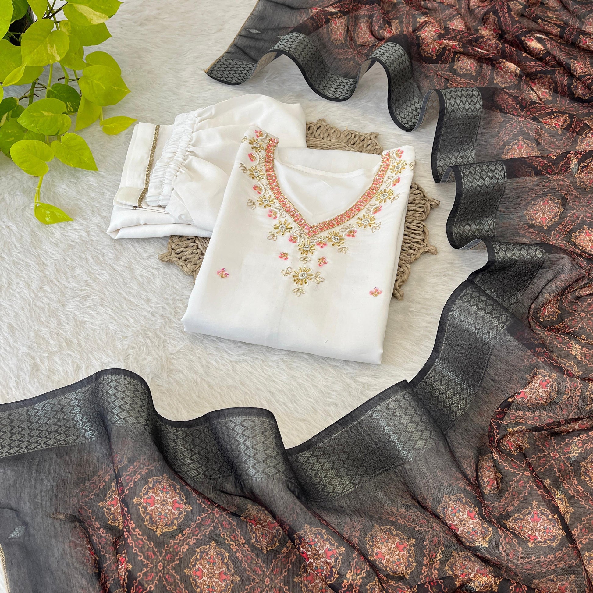 Chic White Roman Silk Handcrafted Anarkali Pant Suit - INDIAN ELEGANCE