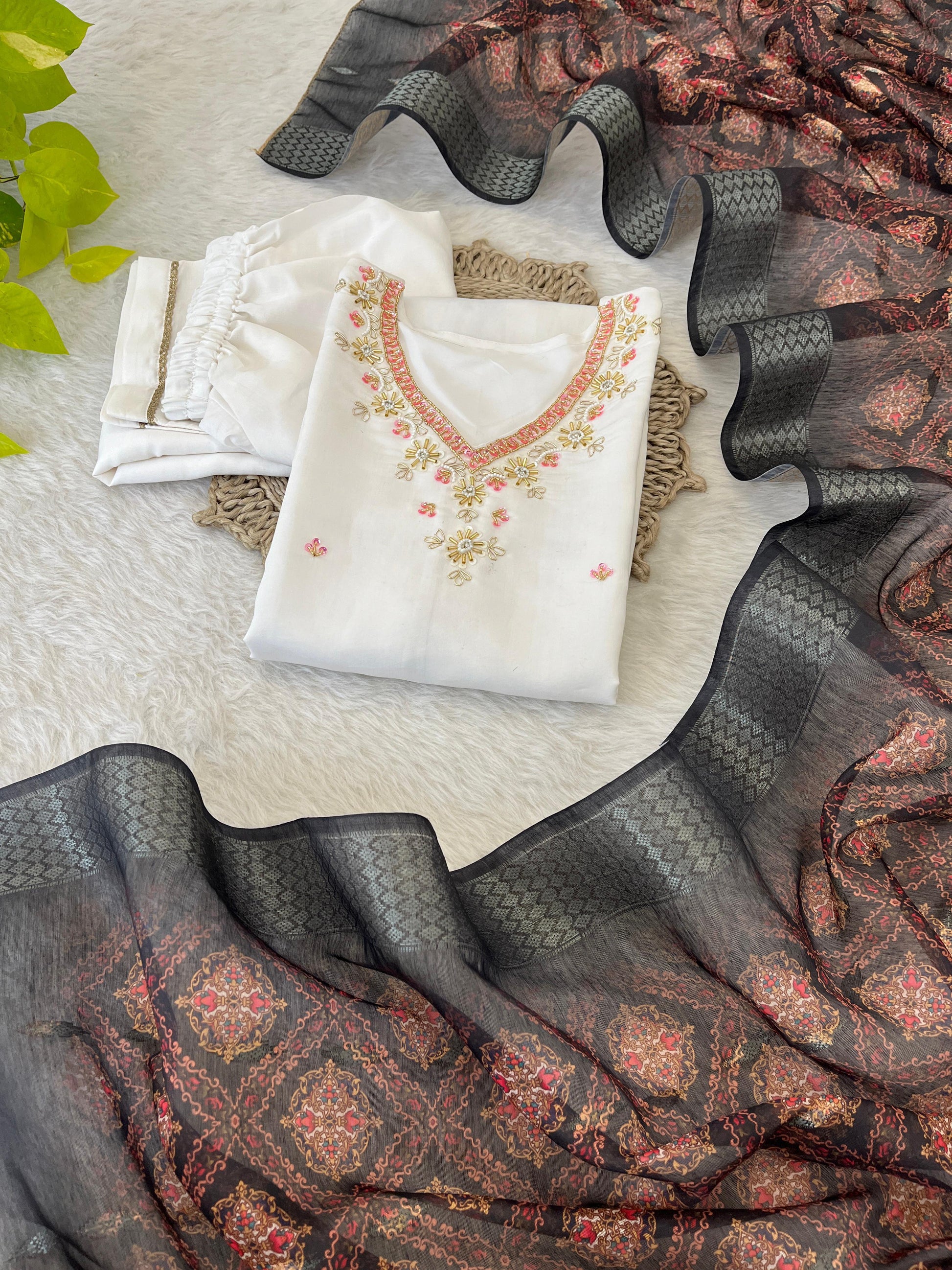Chic White Roman Silk Handcrafted Anarkali Pant Suit - INDIAN ELEGANCE