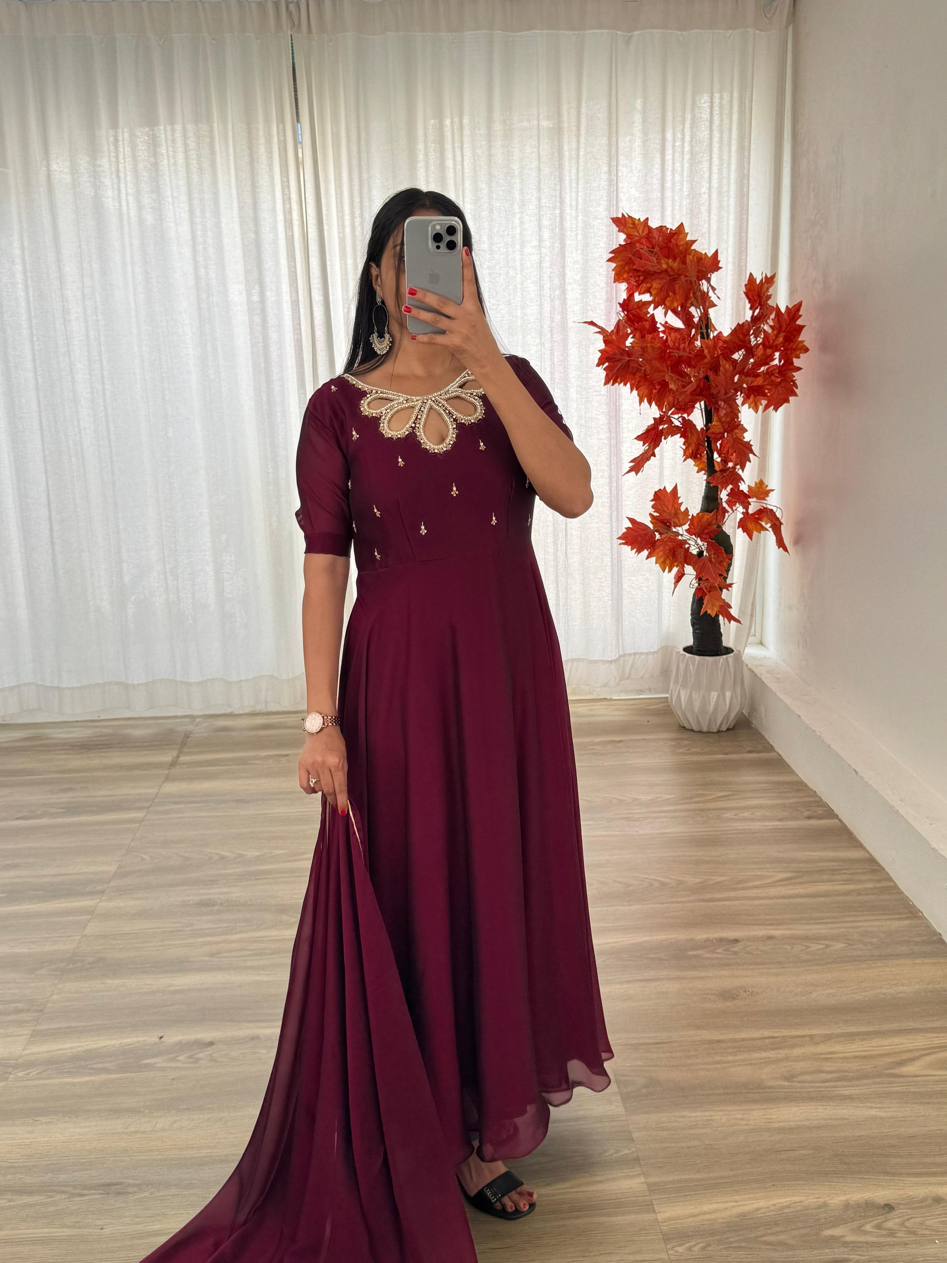 Fabulous Wine Rangoli Georgette Fancy Neck Handworked Gown - INDIAN ELEGANCE