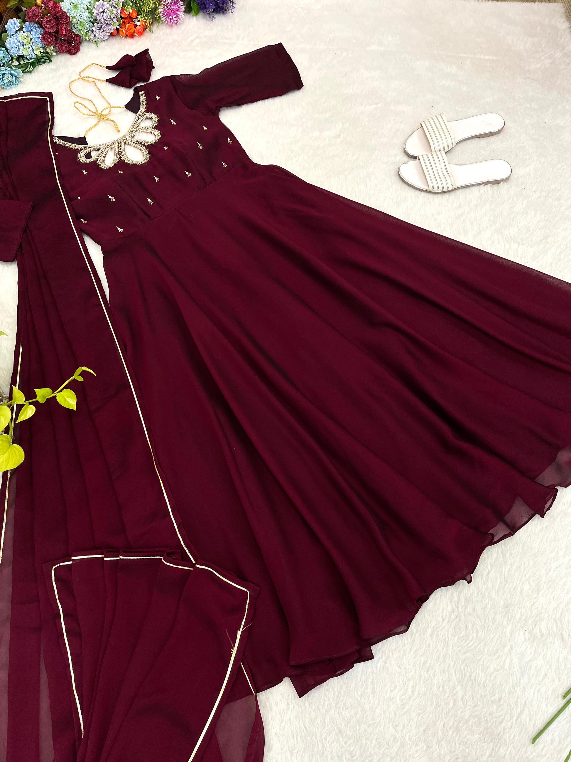 Fabulous Wine Rangoli Georgette Fancy Neck Handworked Gown - INDIAN ELEGANCE