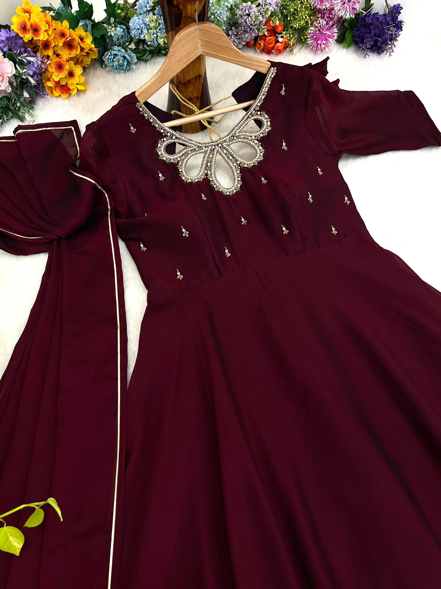 Fabulous Wine Rangoli Georgette Fancy Neck Handworked Gown - INDIAN ELEGANCE