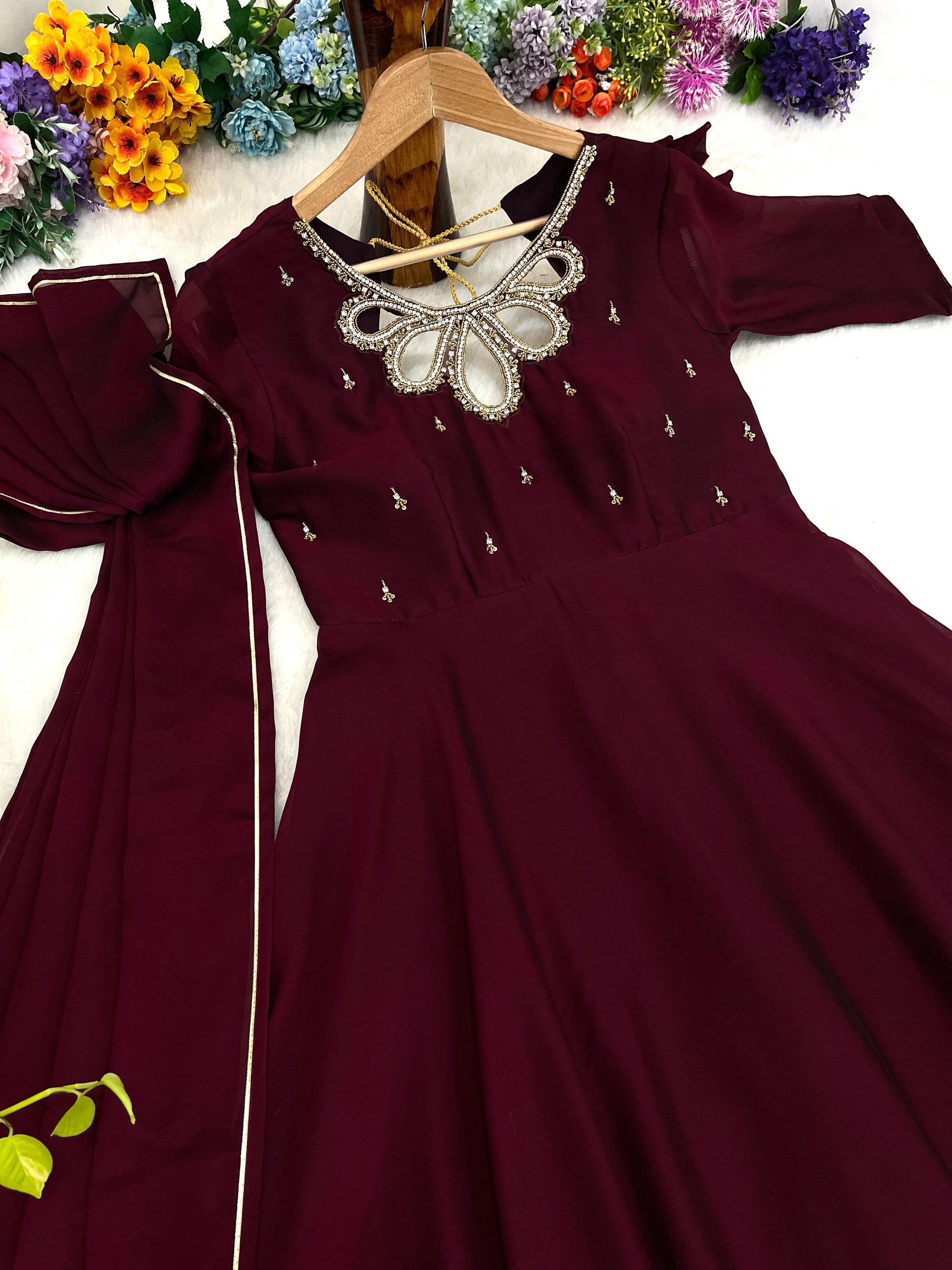 Fabulous Wine Rangoli Georgette Fancy Neck Handworked Gown - INDIAN ELEGANCE