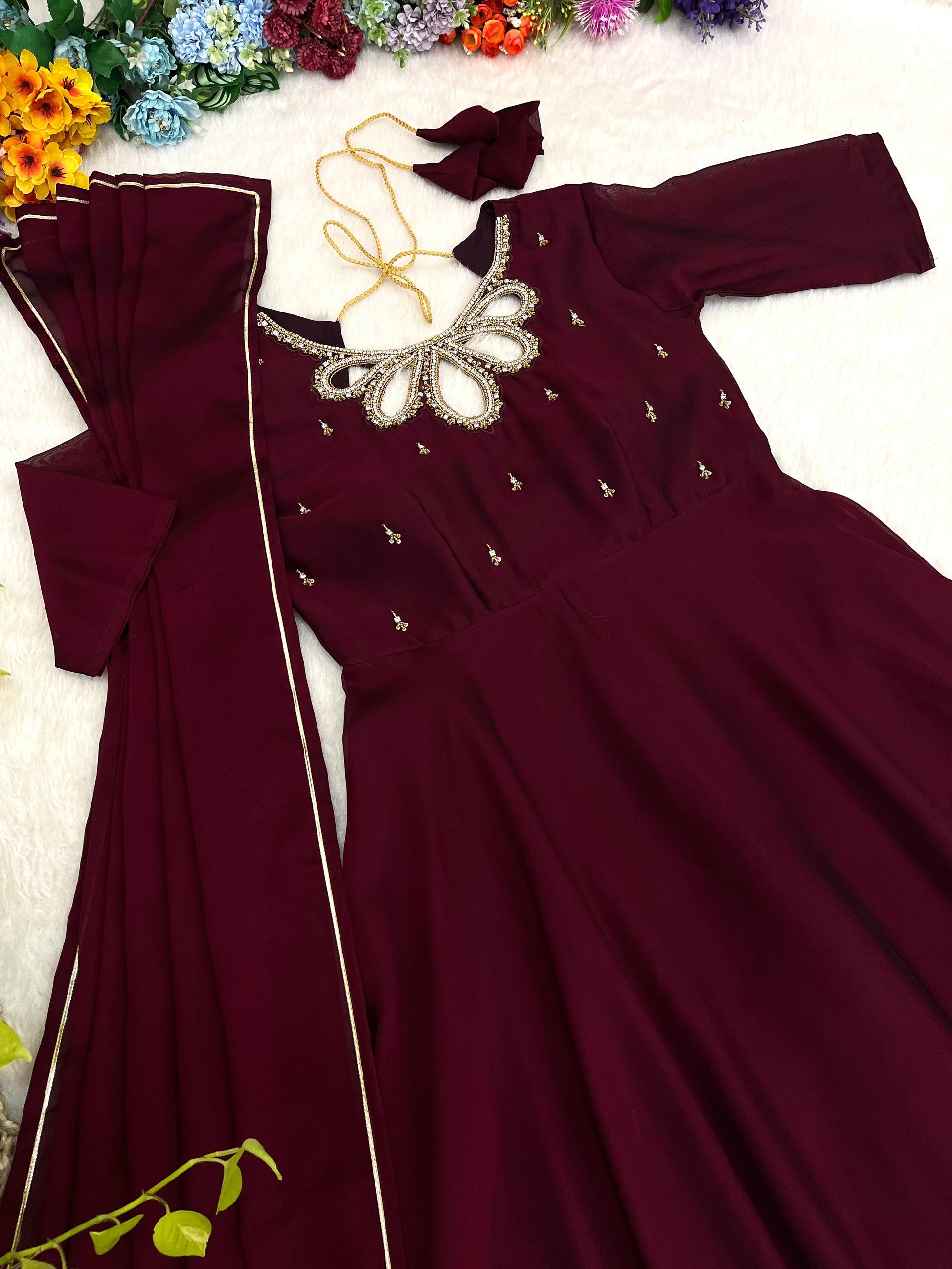 Fabulous Wine Rangoli Georgette Fancy Neck Handworked Gown - INDIAN ELEGANCE