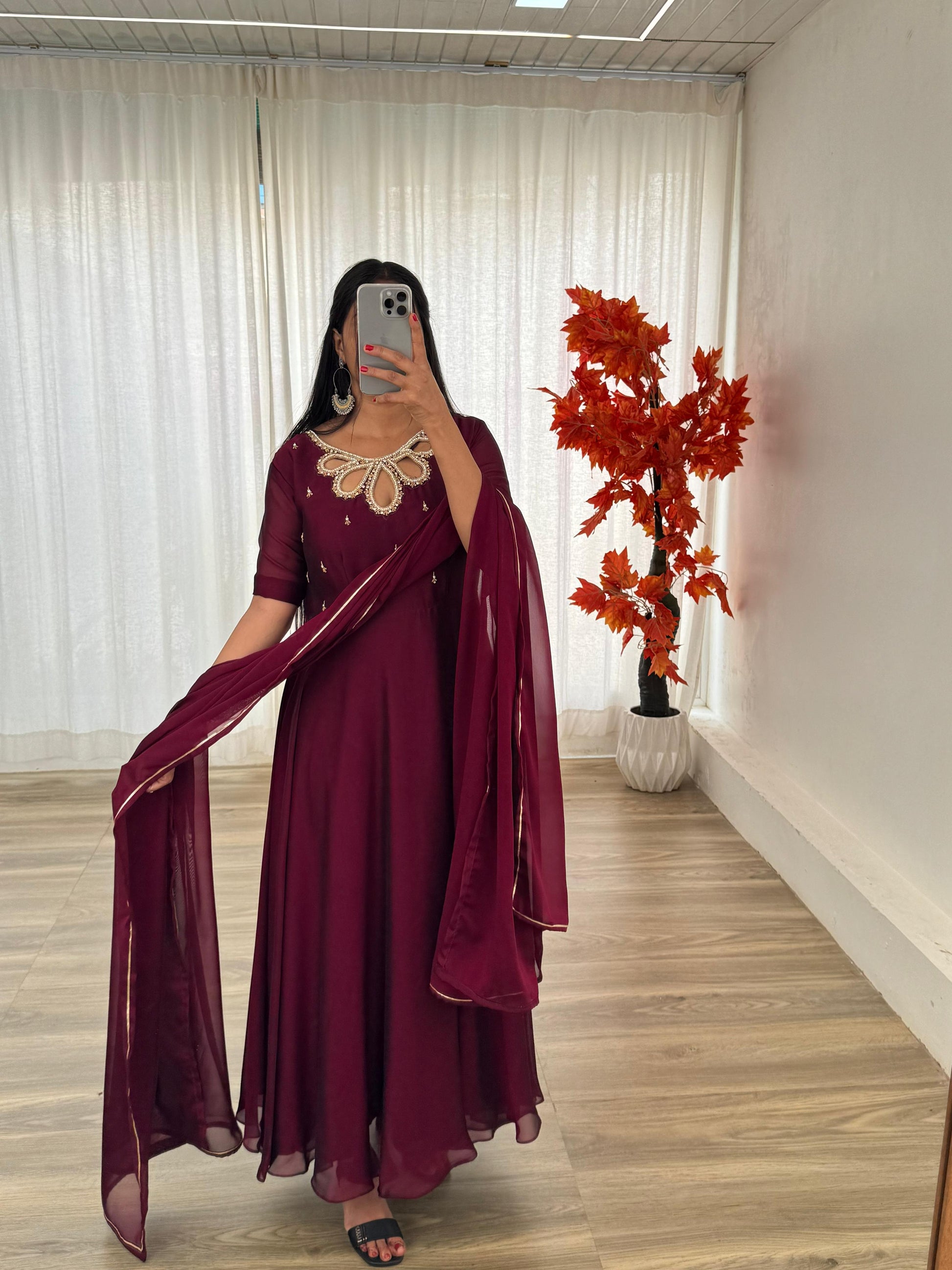 Fabulous Wine Rangoli Georgette Fancy Neck Handworked Gown - INDIAN ELEGANCE