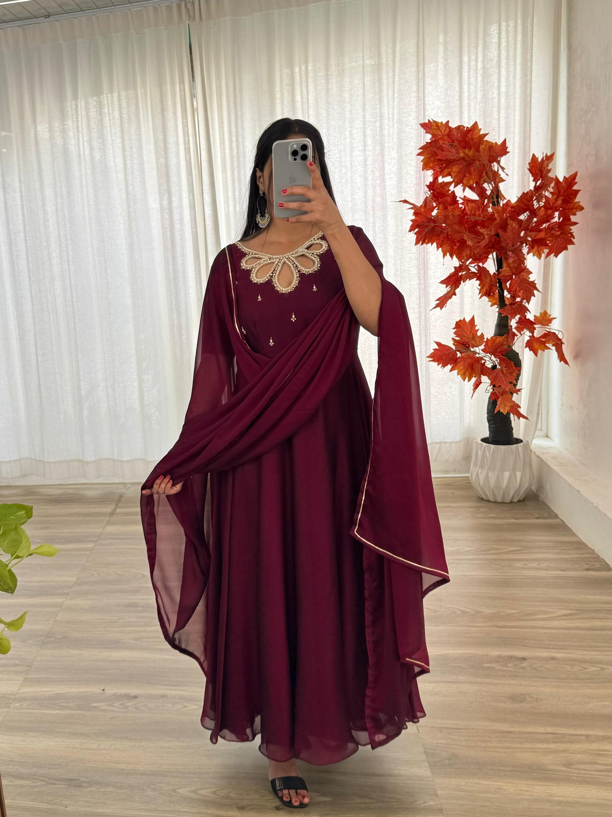 Fabulous Wine Rangoli Georgette Fancy Neck Handworked Gown - INDIAN ELEGANCE