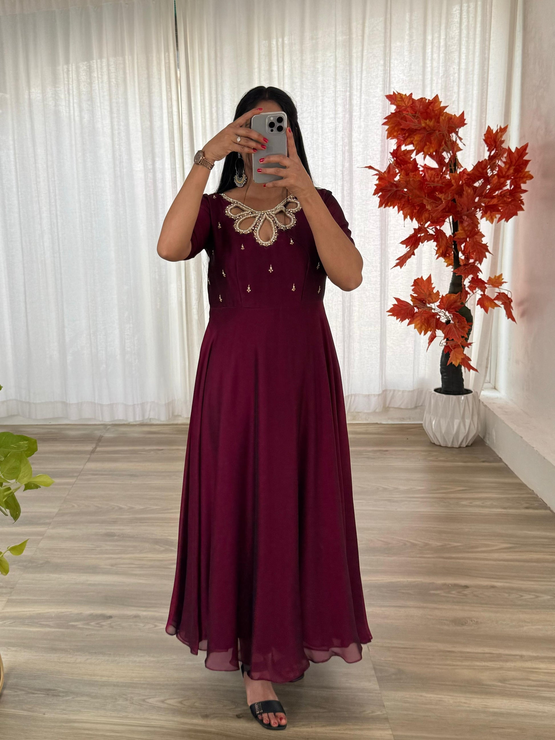 Fabulous Wine Rangoli Georgette Fancy Neck Handworked Gown - INDIAN ELEGANCE
