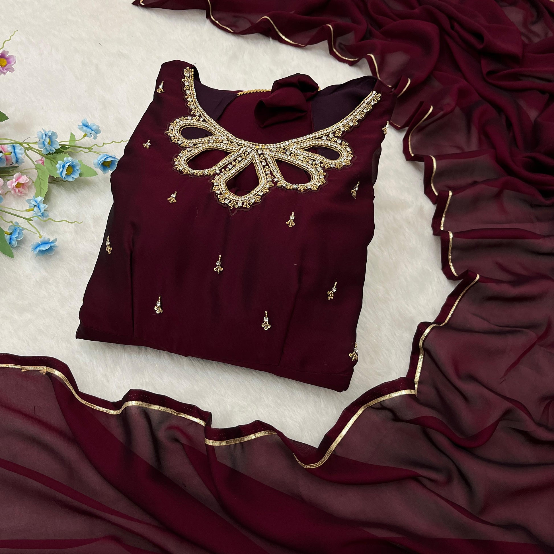 Fabulous Wine Rangoli Georgette Fancy Neck Handworked Gown - INDIAN ELEGANCE