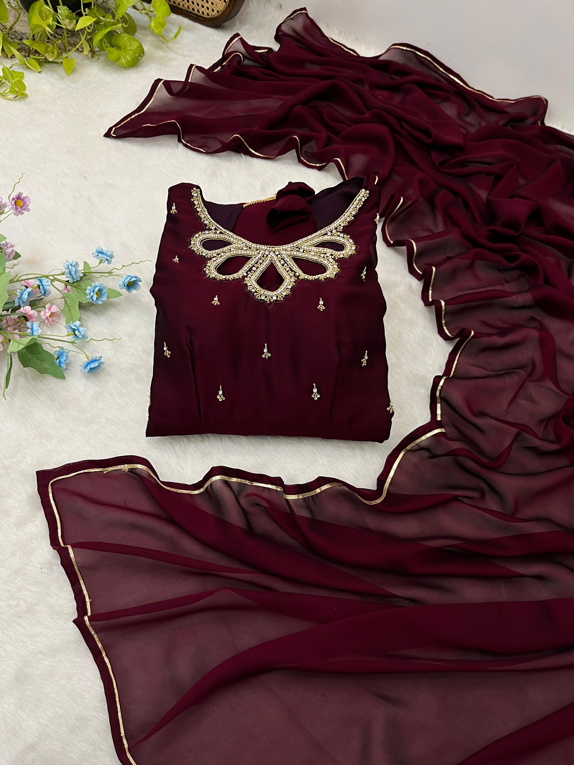 Fabulous Wine Rangoli Georgette Fancy Neck Handworked Gown - INDIAN ELEGANCE