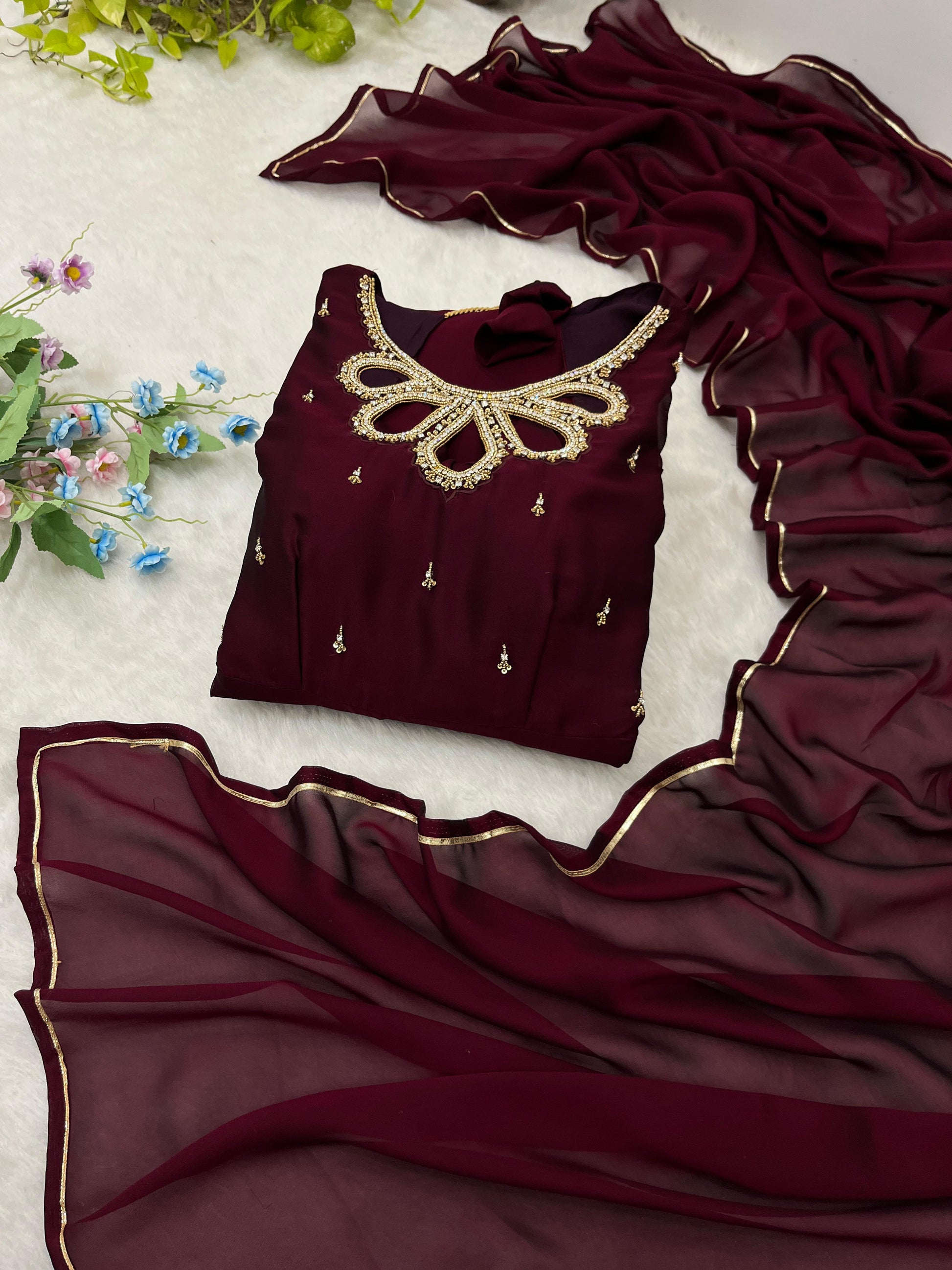 Fabulous Wine Rangoli Georgette Fancy Neck Handworked Gown - INDIAN ELEGANCE