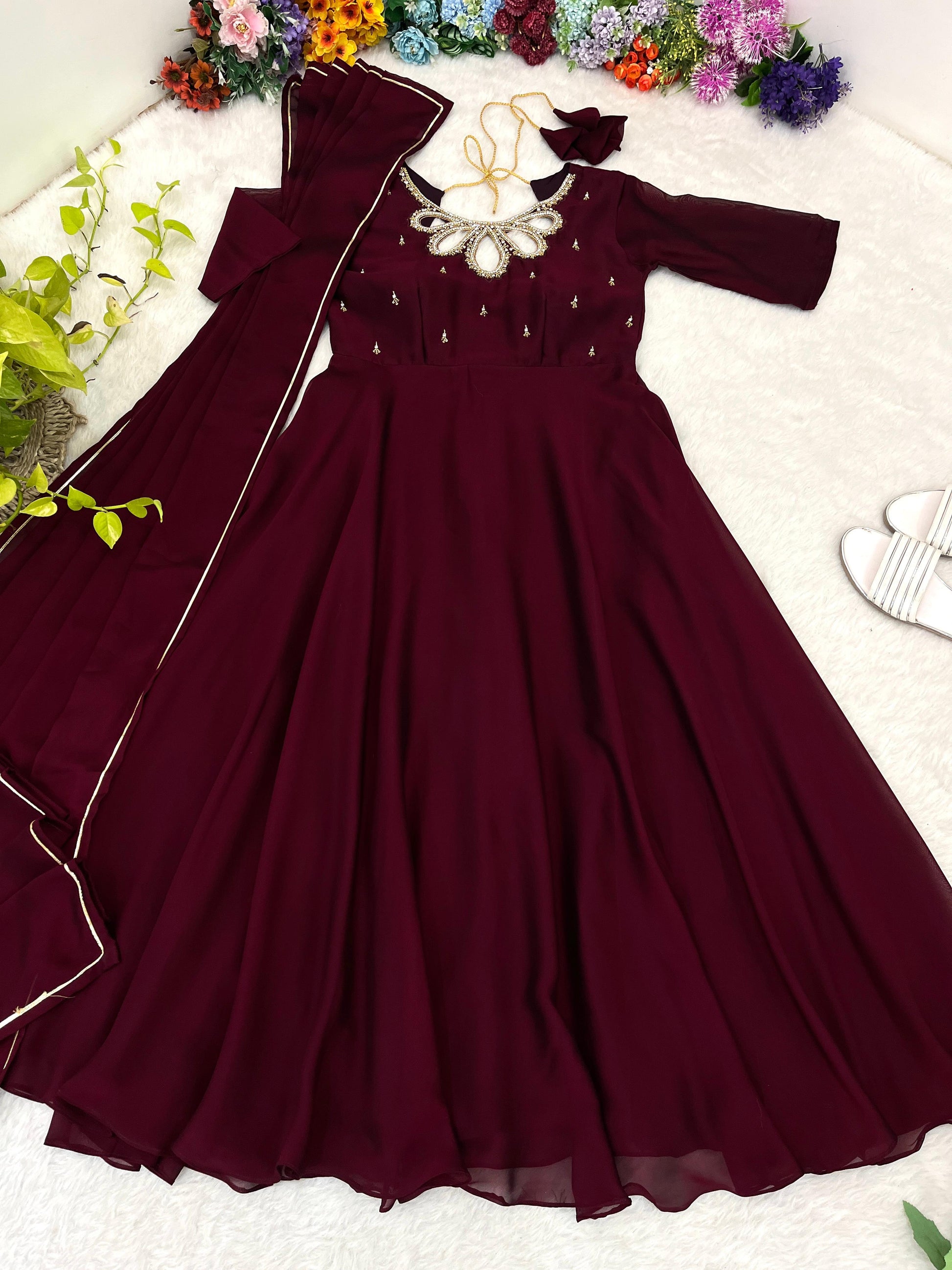 Fabulous Wine Rangoli Georgette Fancy Neck Handworked Gown - INDIAN ELEGANCE