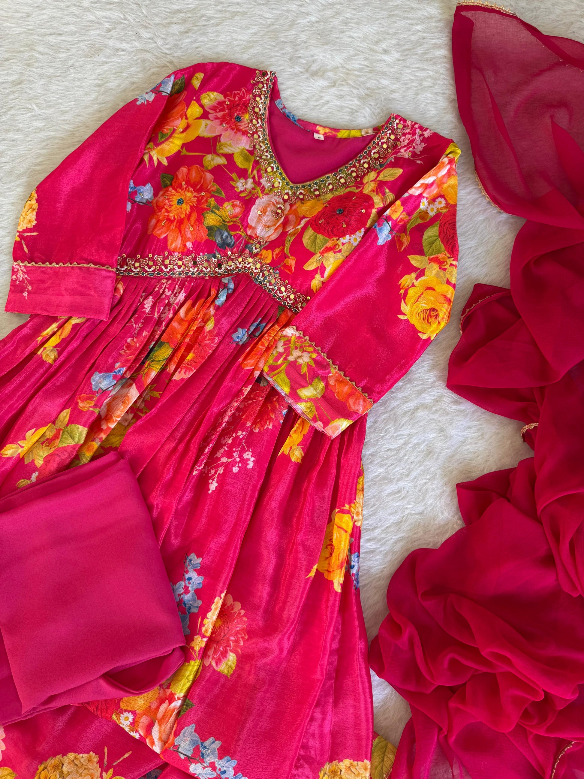 Graceful Pink Floral Printed Handworked Anarkali Pant Suit - INDIAN ELEGANCE