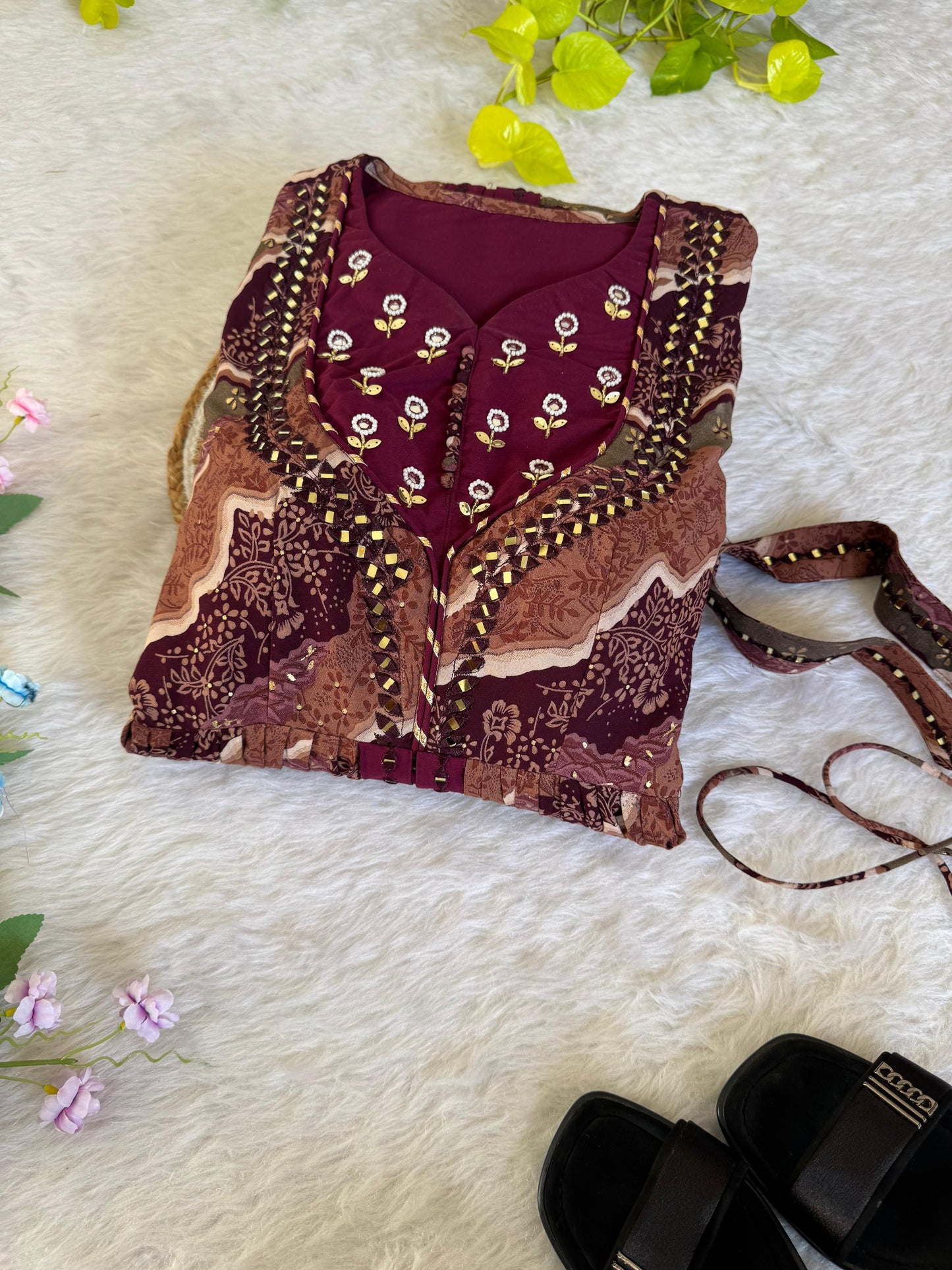 Ravishing Wine Rayon Foil Worked Hand Embroidered Gown - INDIAN ELEGANCE