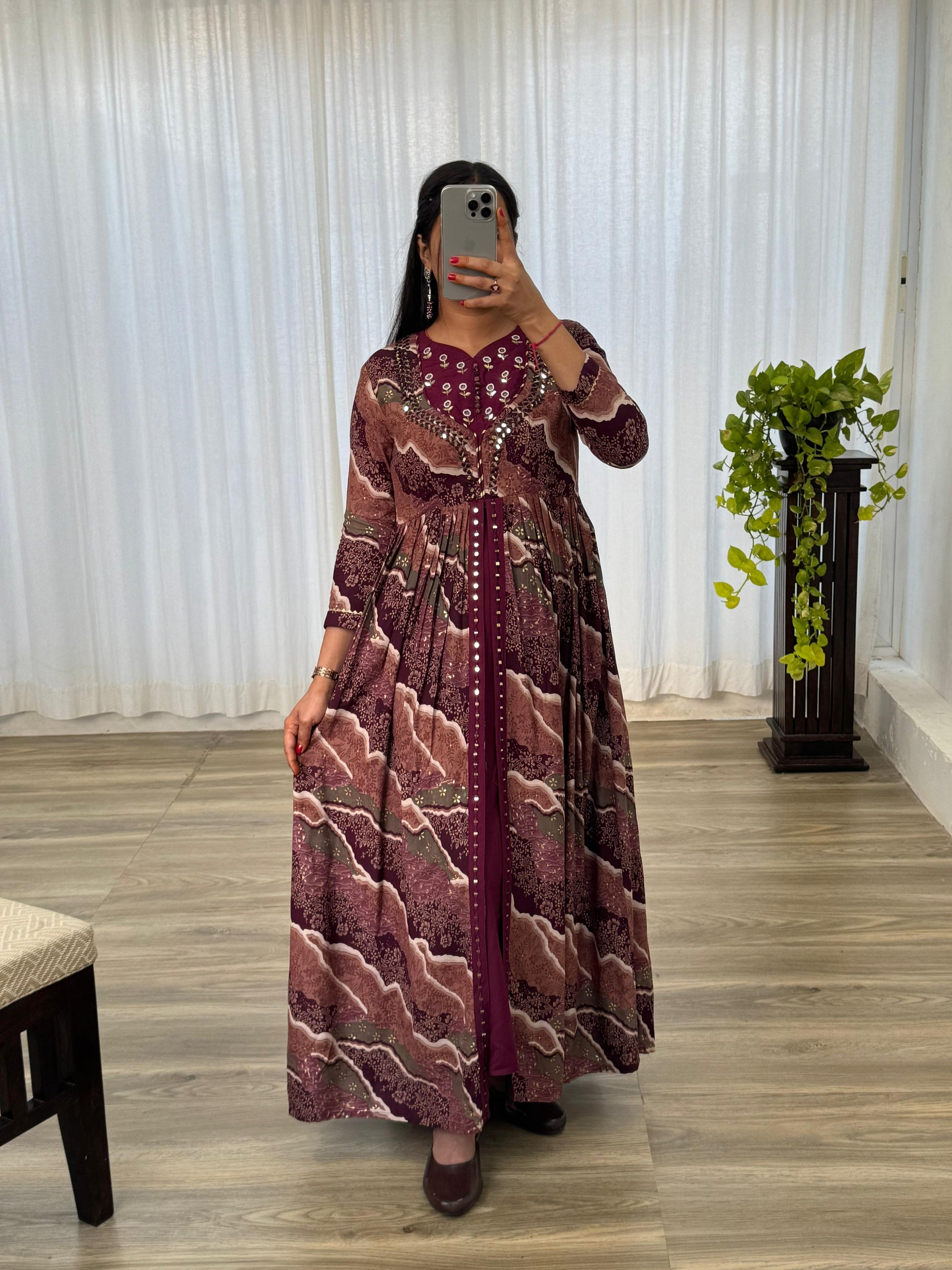 Ravishing Wine Rayon Foil Worked Hand Embroidered Gown - INDIAN ELEGANCE