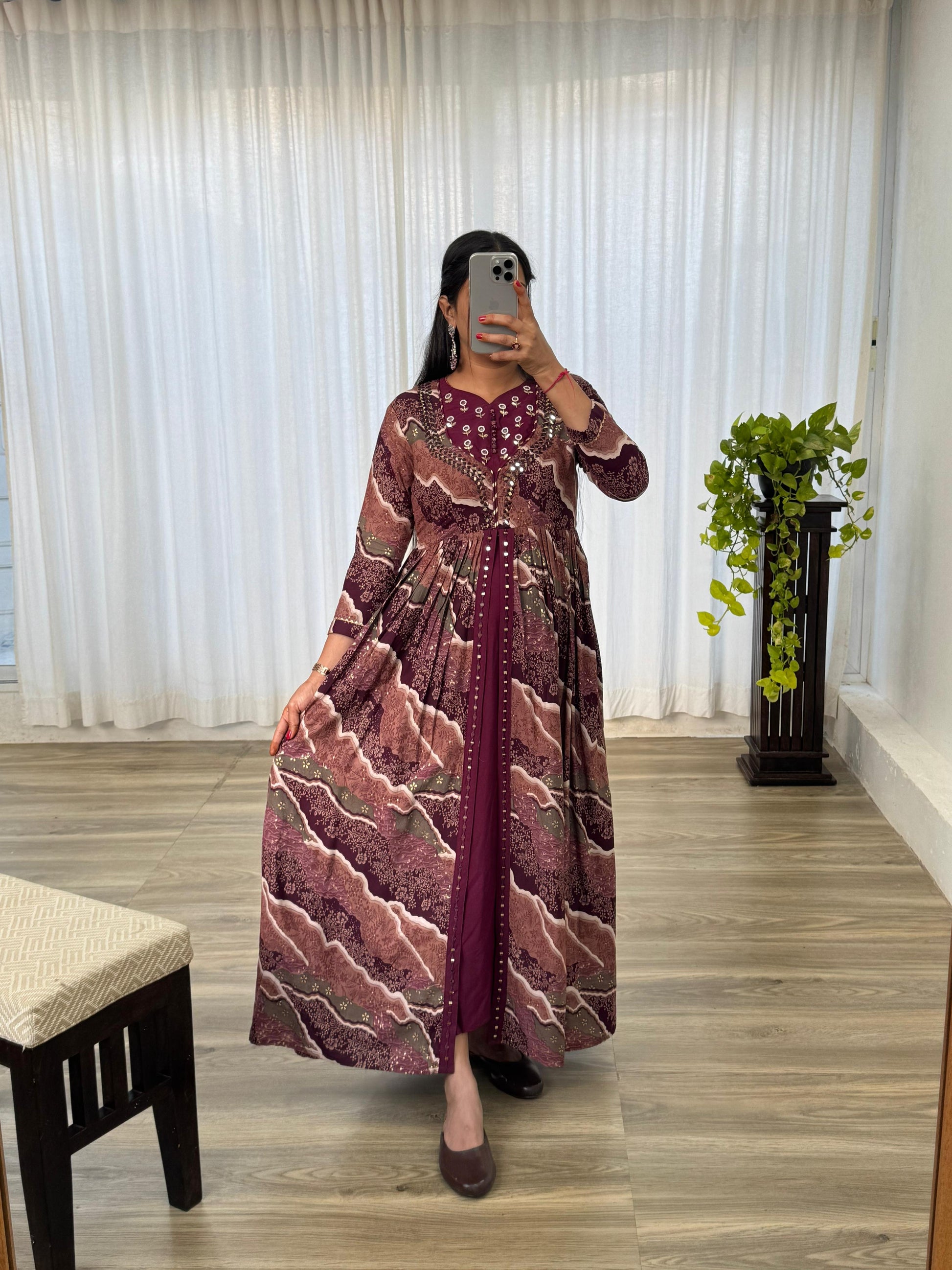 Ravishing Wine Rayon Foil Worked Hand Embroidered Gown - INDIAN ELEGANCE