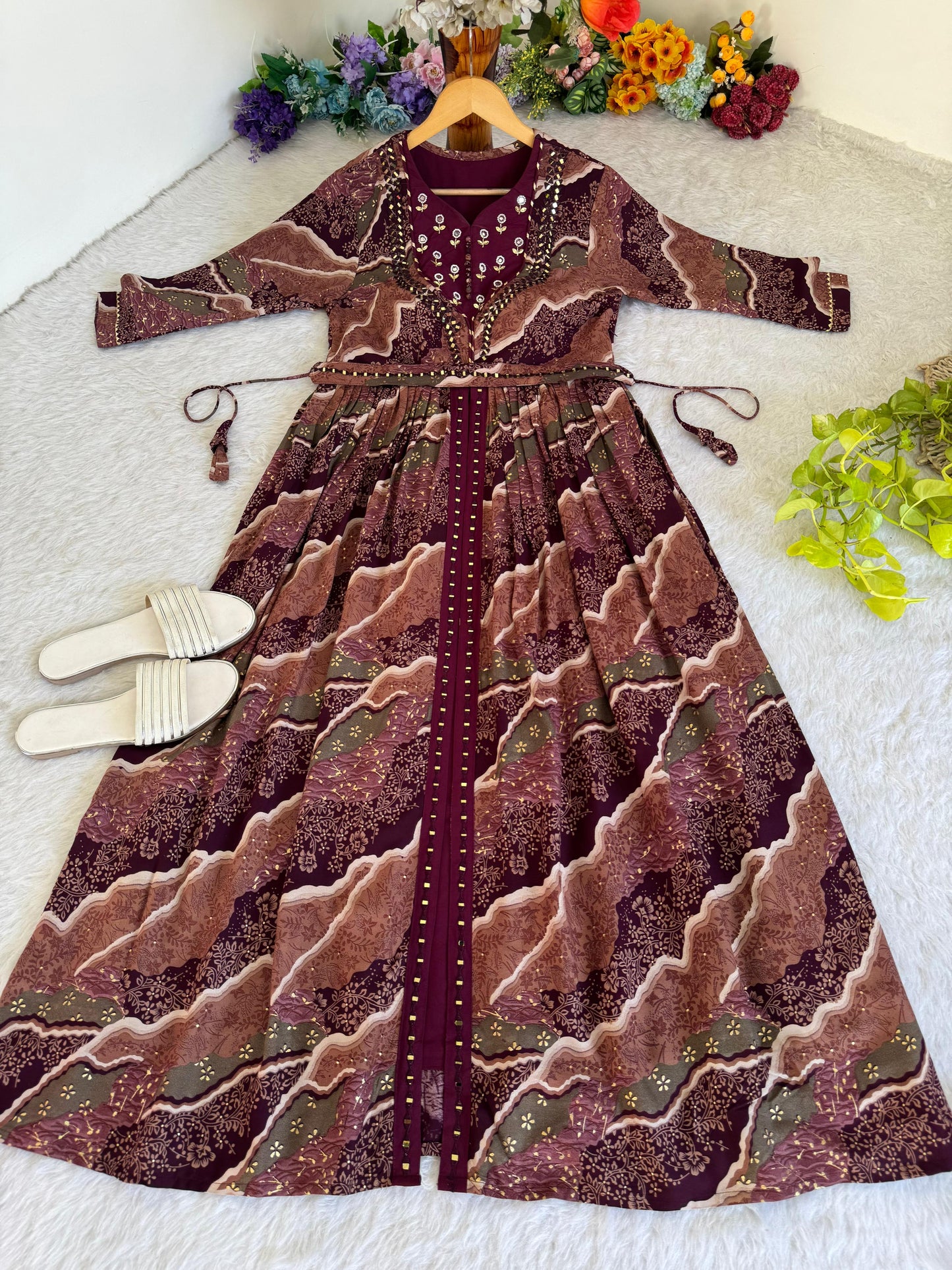 Ravishing Wine Rayon Foil Worked Hand Embroidered Gown - INDIAN ELEGANCE