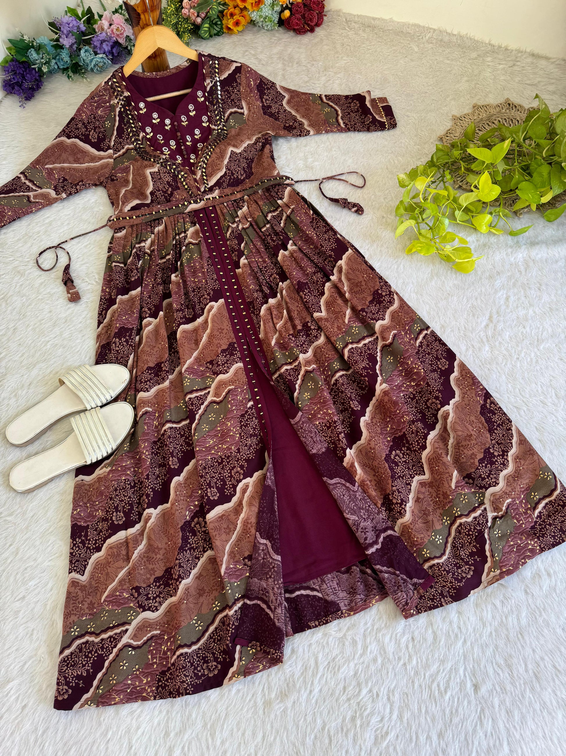 Ravishing Wine Rayon Foil Worked Hand Embroidered Gown - INDIAN ELEGANCE