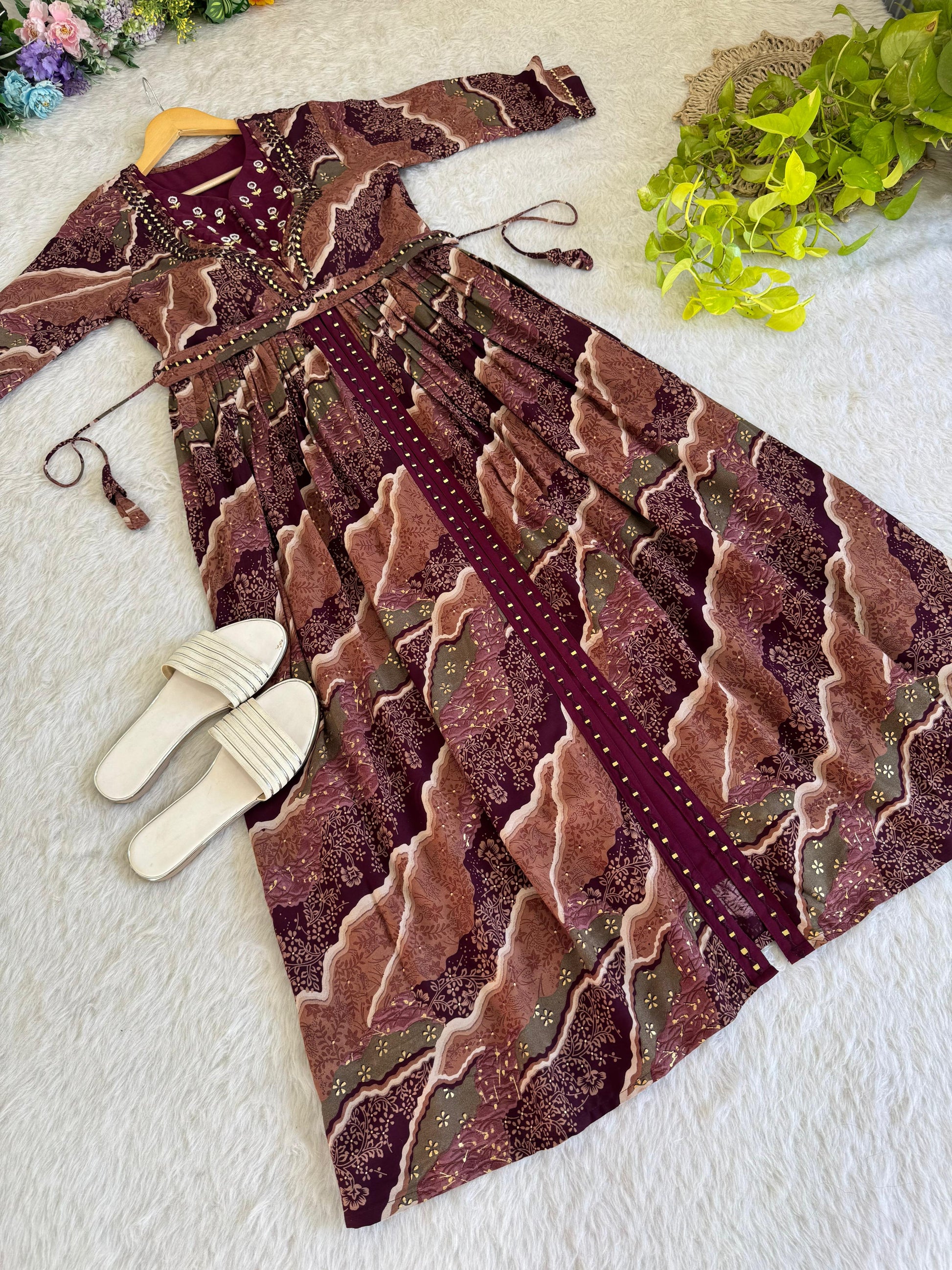 Ravishing Wine Rayon Foil Worked Hand Embroidered Gown - INDIAN ELEGANCE