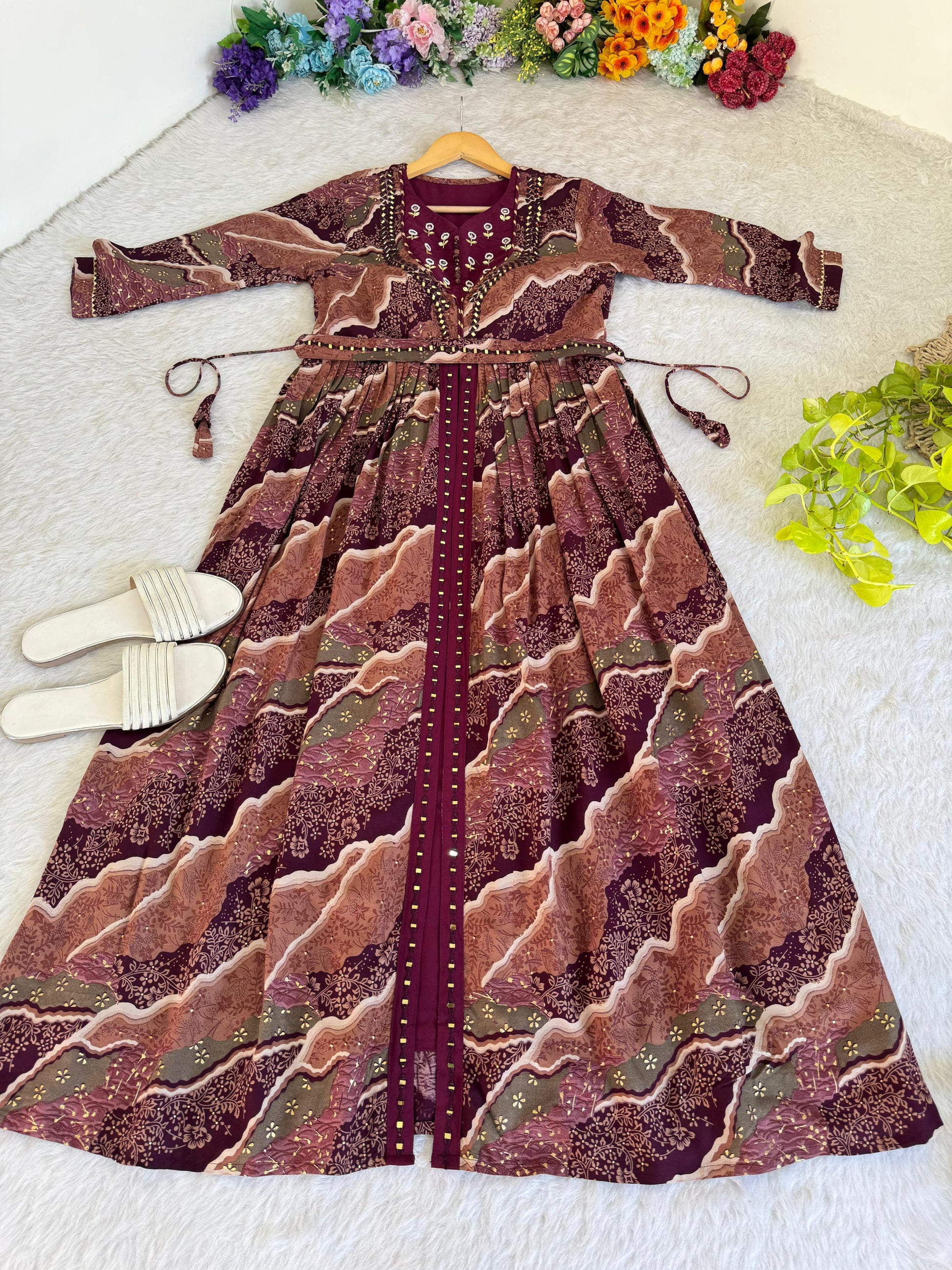Ravishing Wine Rayon Foil Worked Hand Embroidered Gown - INDIAN ELEGANCE