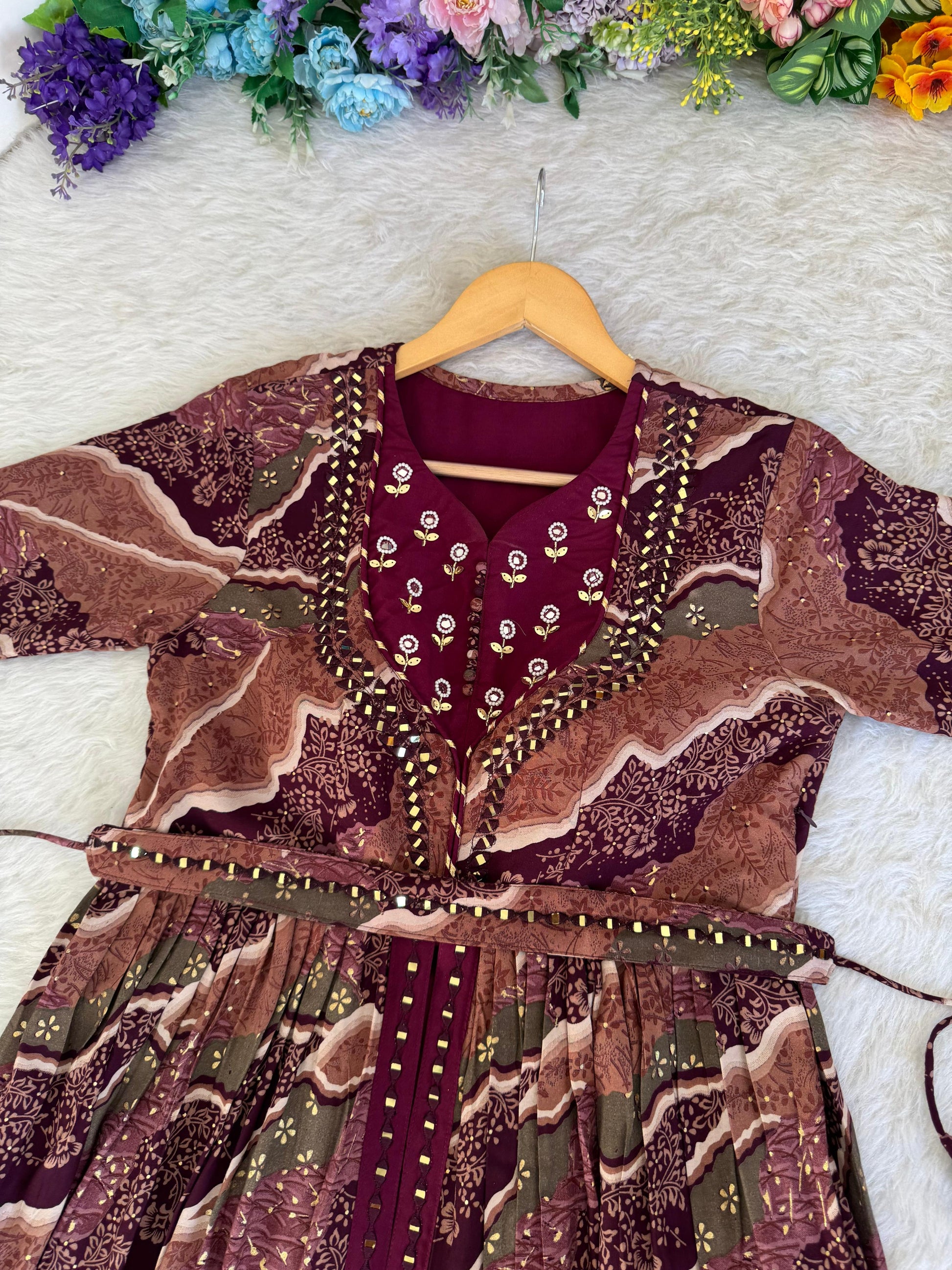 Ravishing Wine Rayon Foil Worked Hand Embroidered Gown - INDIAN ELEGANCE