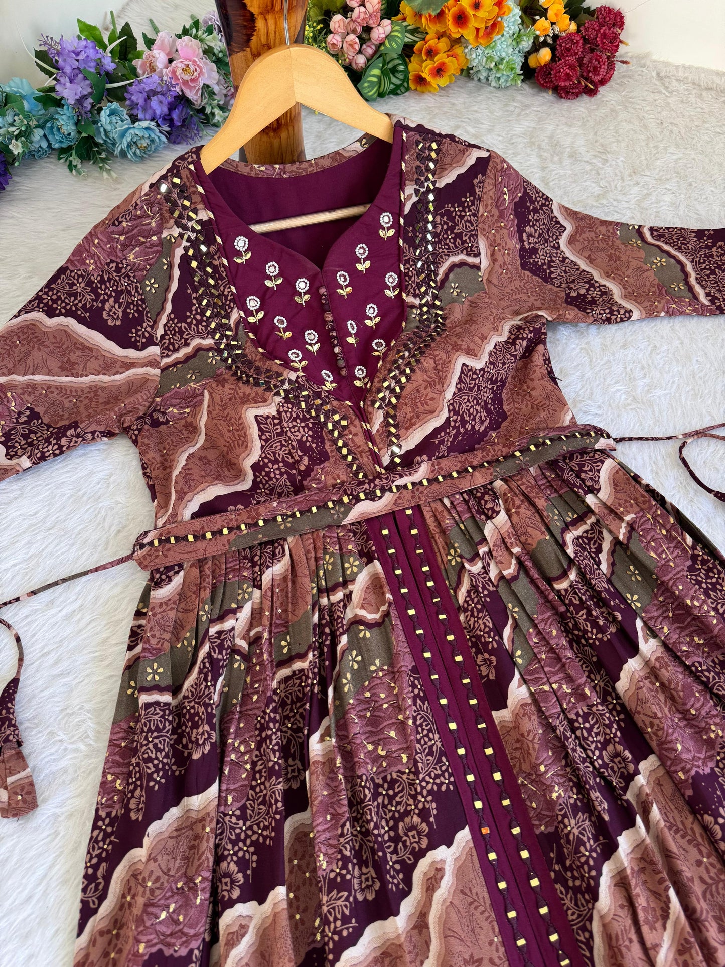 Ravishing Wine Rayon Foil Worked Hand Embroidered Gown - INDIAN ELEGANCE