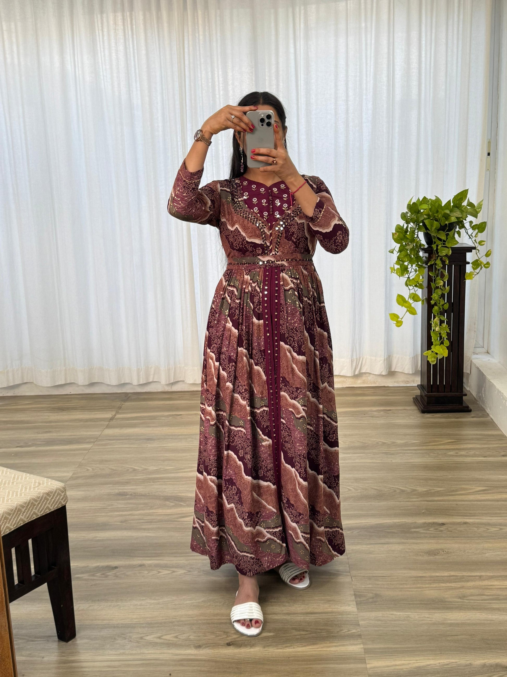 Ravishing Wine Rayon Foil Worked Hand Embroidered Gown - INDIAN ELEGANCE