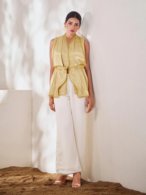 Bold & Chic Beige Silk Blazer Style Co-Ord Set – Stand Out in Style - INDIAN ELEGANCE
