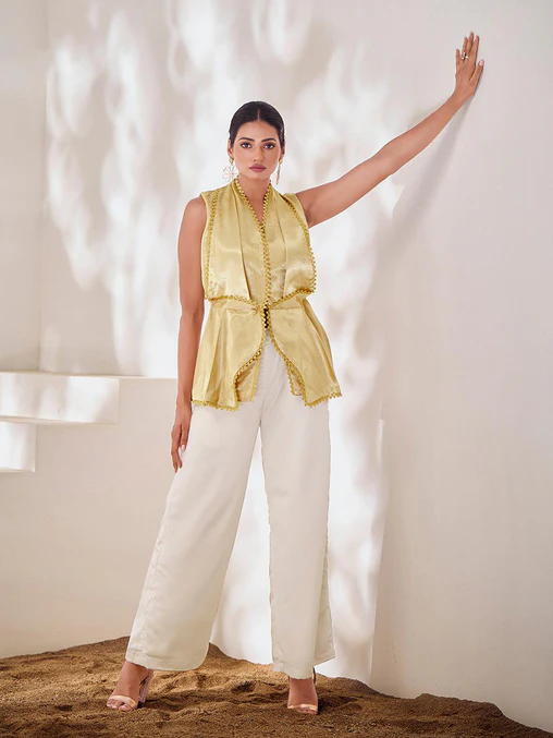 Bold & Chic Beige Silk Blazer Style Co-Ord Set – Stand Out in Style - INDIAN ELEGANCE