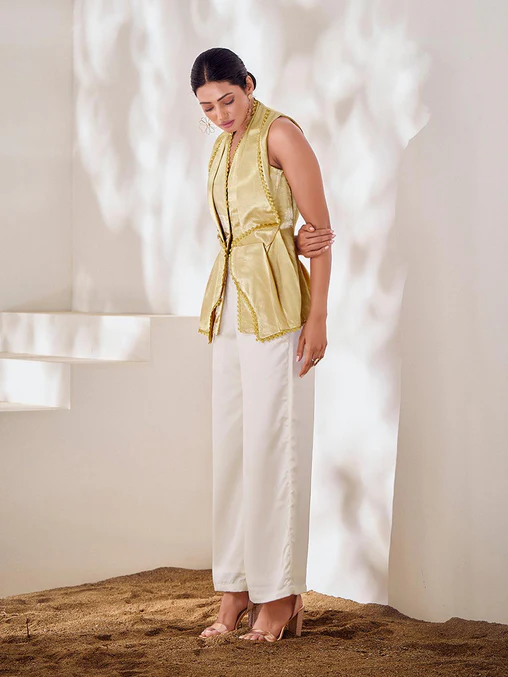 Bold & Chic Beige Silk Blazer Style Co-Ord Set – Stand Out in Style - INDIAN ELEGANCE