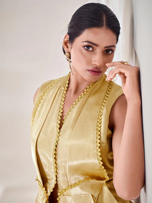 Bold & Chic Beige Silk Blazer Style Co-Ord Set – Stand Out in Style - INDIAN ELEGANCE