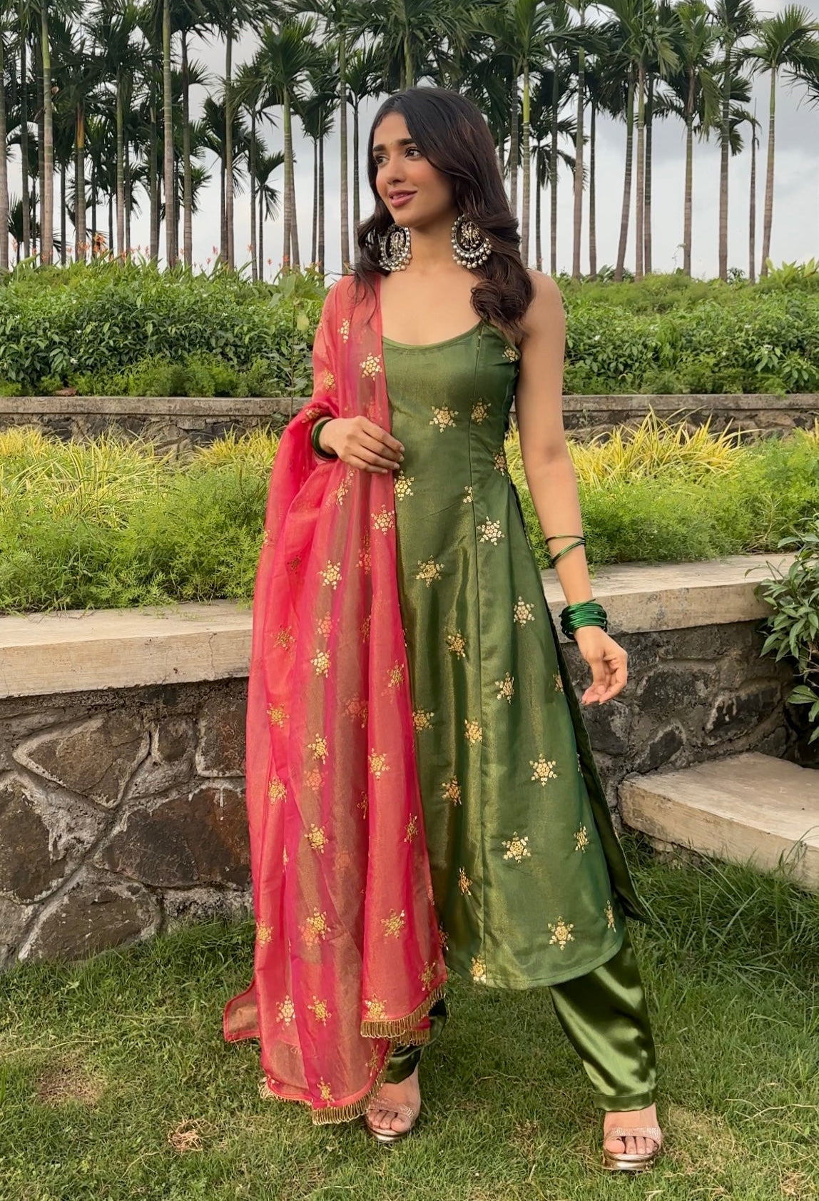 Exquisite Olive Green Georgette Silk Zari Sequins Worked Pant Style Suit - INDIAN ELEGANCE