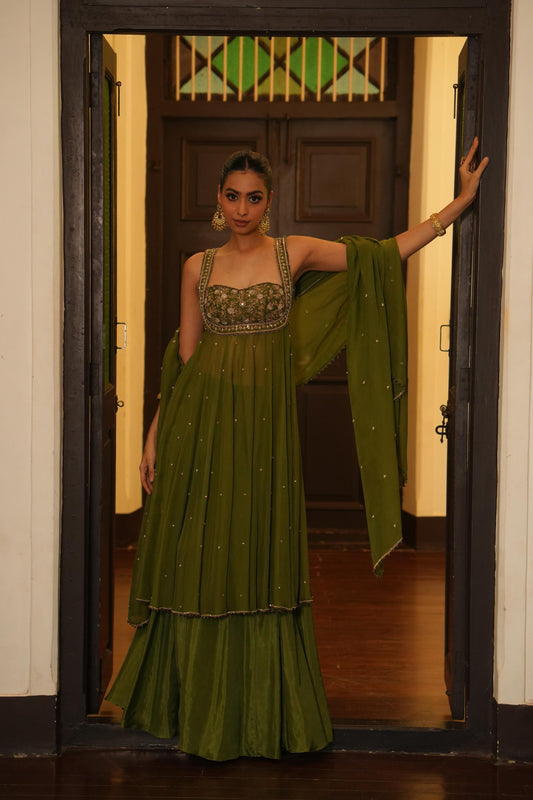 Wedding & Party Wear Mint Mehendi Green Anarkali With Sharara Set For Women