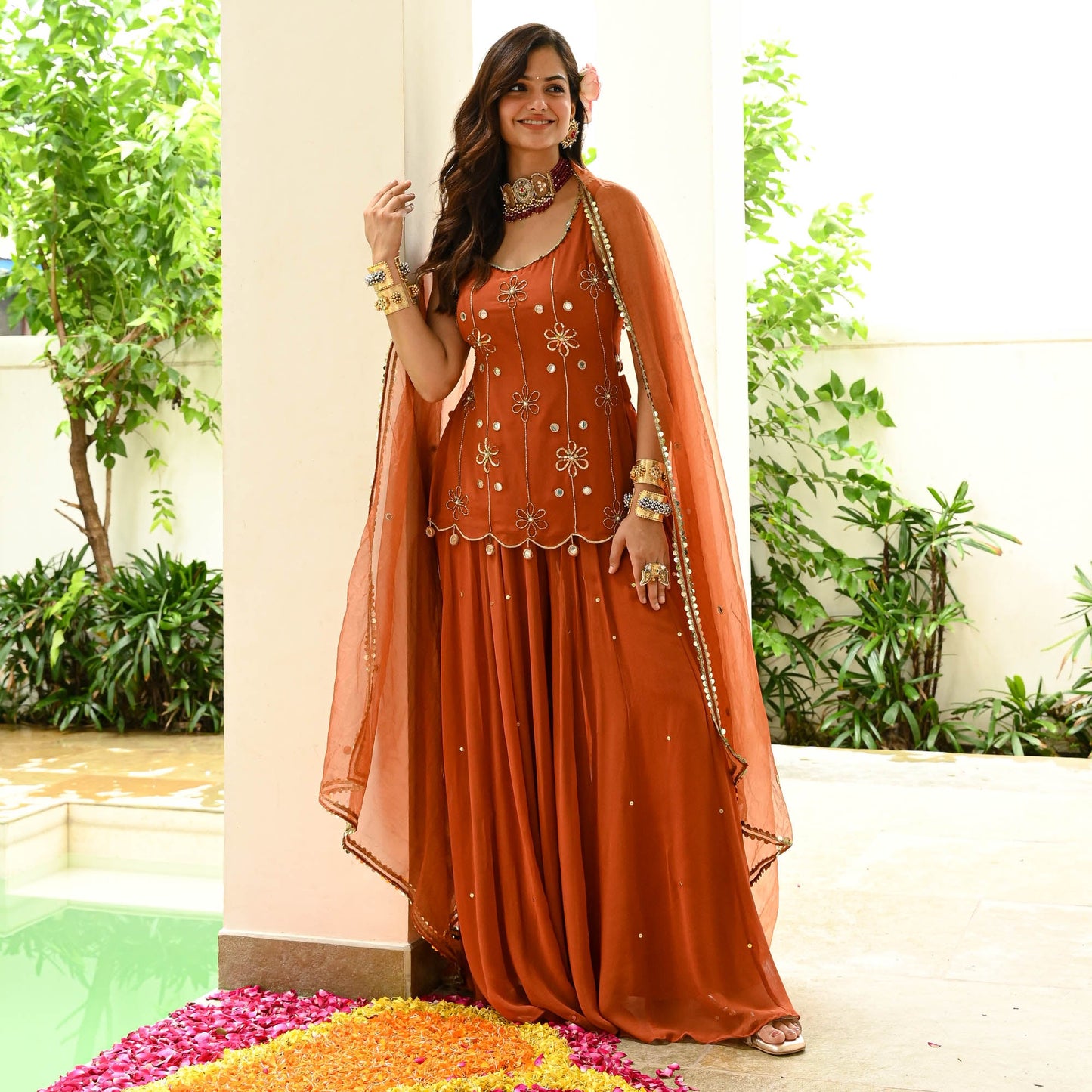 Rust Orange Georgette Sharara Suit Set for Women | Sequin & Cut Dana Embroidered Party Wear | Sangeet, Farewell & Wedding Outfit