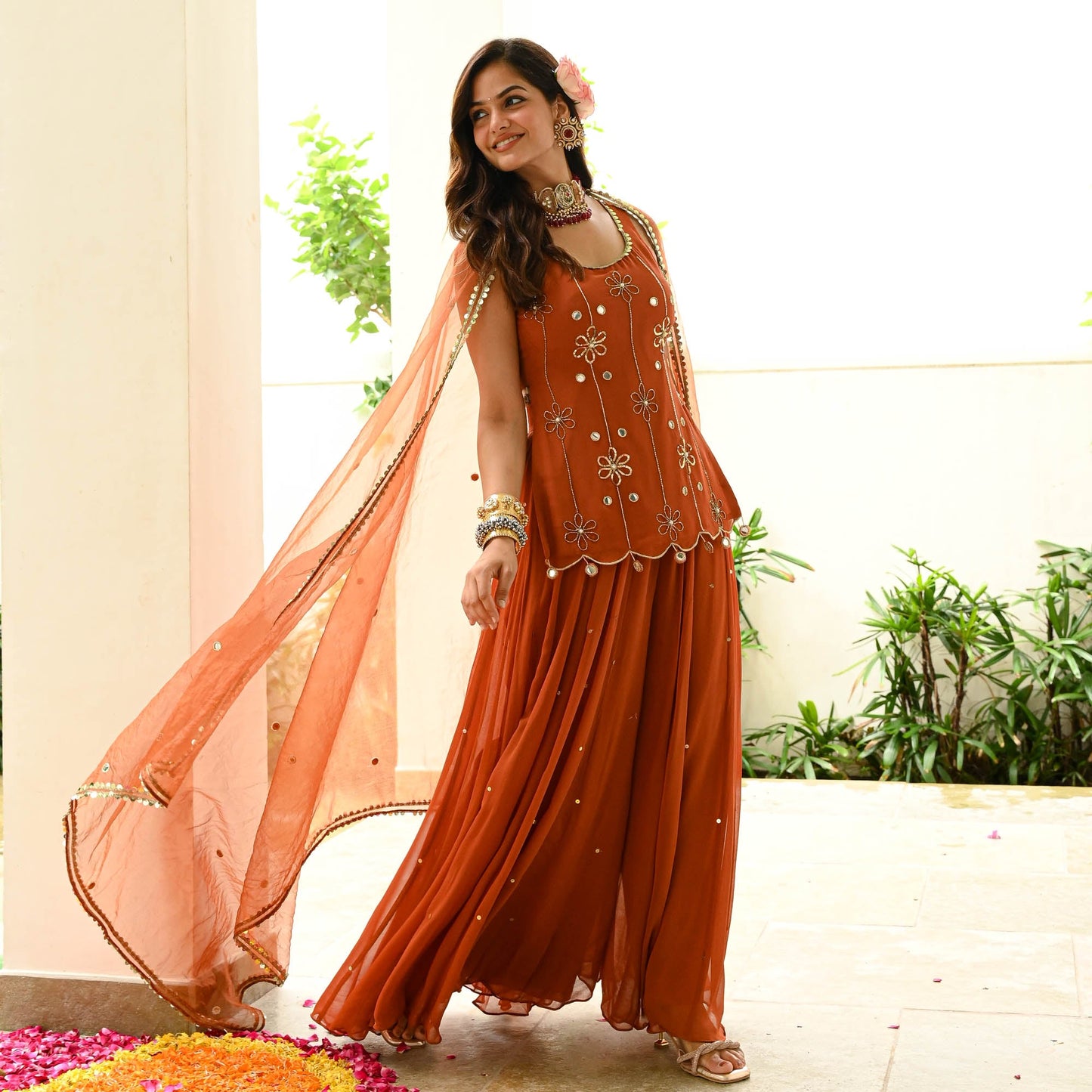 Rust Orange Georgette Sharara Suit Set for Women | Sequin & Cut Dana Embroidered Party Wear | Sangeet, Farewell & Wedding Outfit