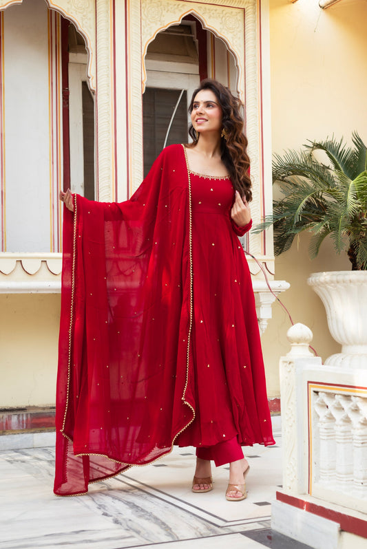 Elegant Red Anarkali Suit Set with Georgette Dupatta