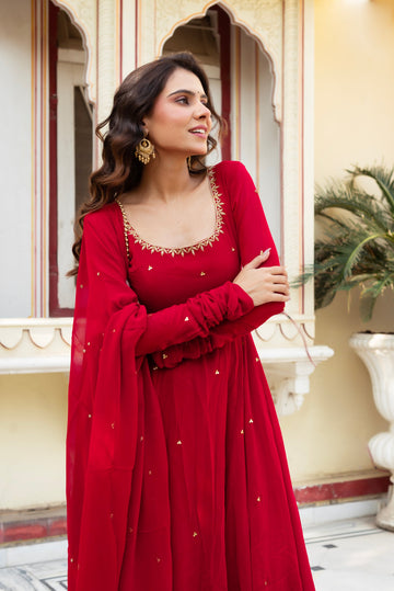 red anarkali dress Elegant Party Wear Red Anarkali Suit Set with Georgette Dupatta – INDIAN ELEGANCE