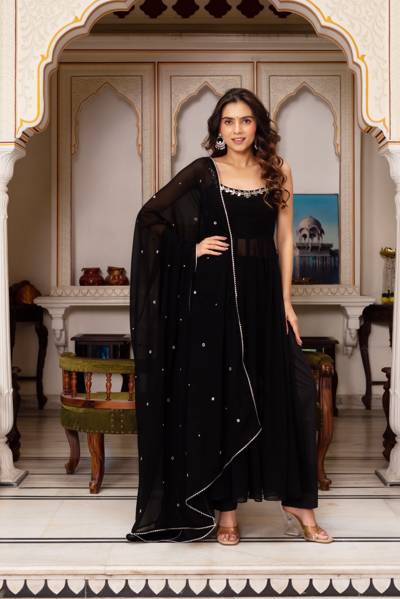 Red Hand Mirror Work Anarkali Set