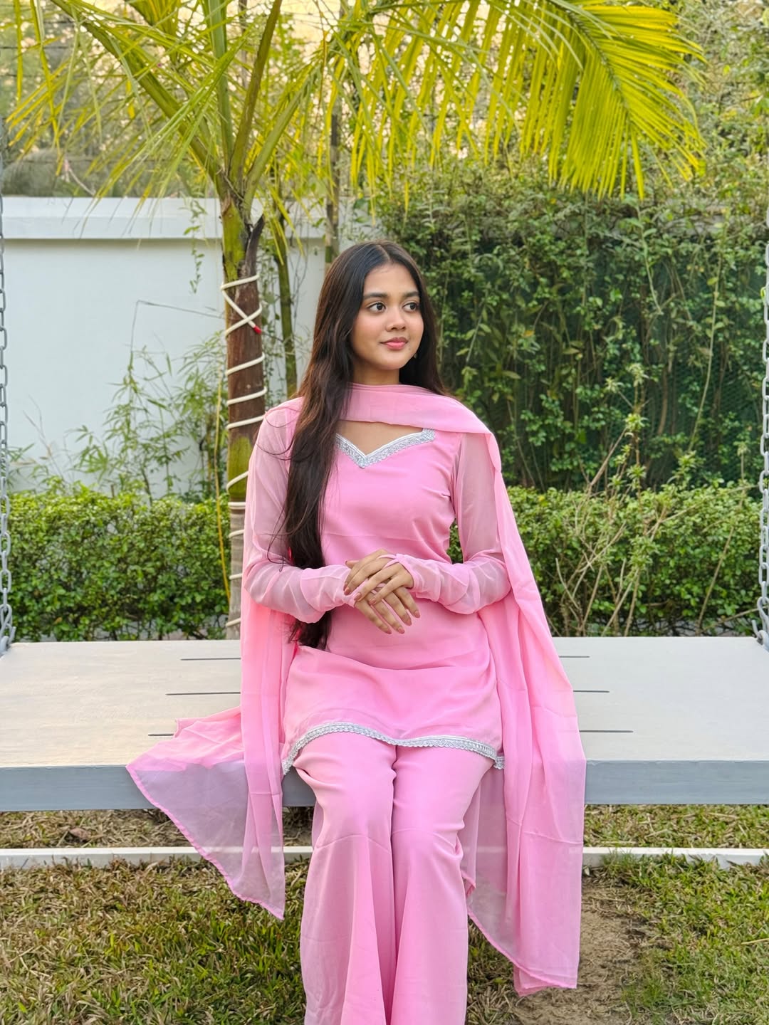 90s Style fish cut Pink Georgette sharara Suit Set for Women with Dupatta