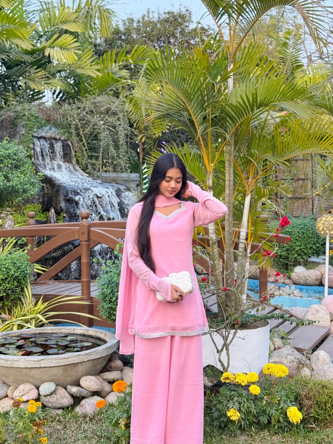 90s Style fish cut Pink Georgette sharara Suit Set for Women with Dupatta