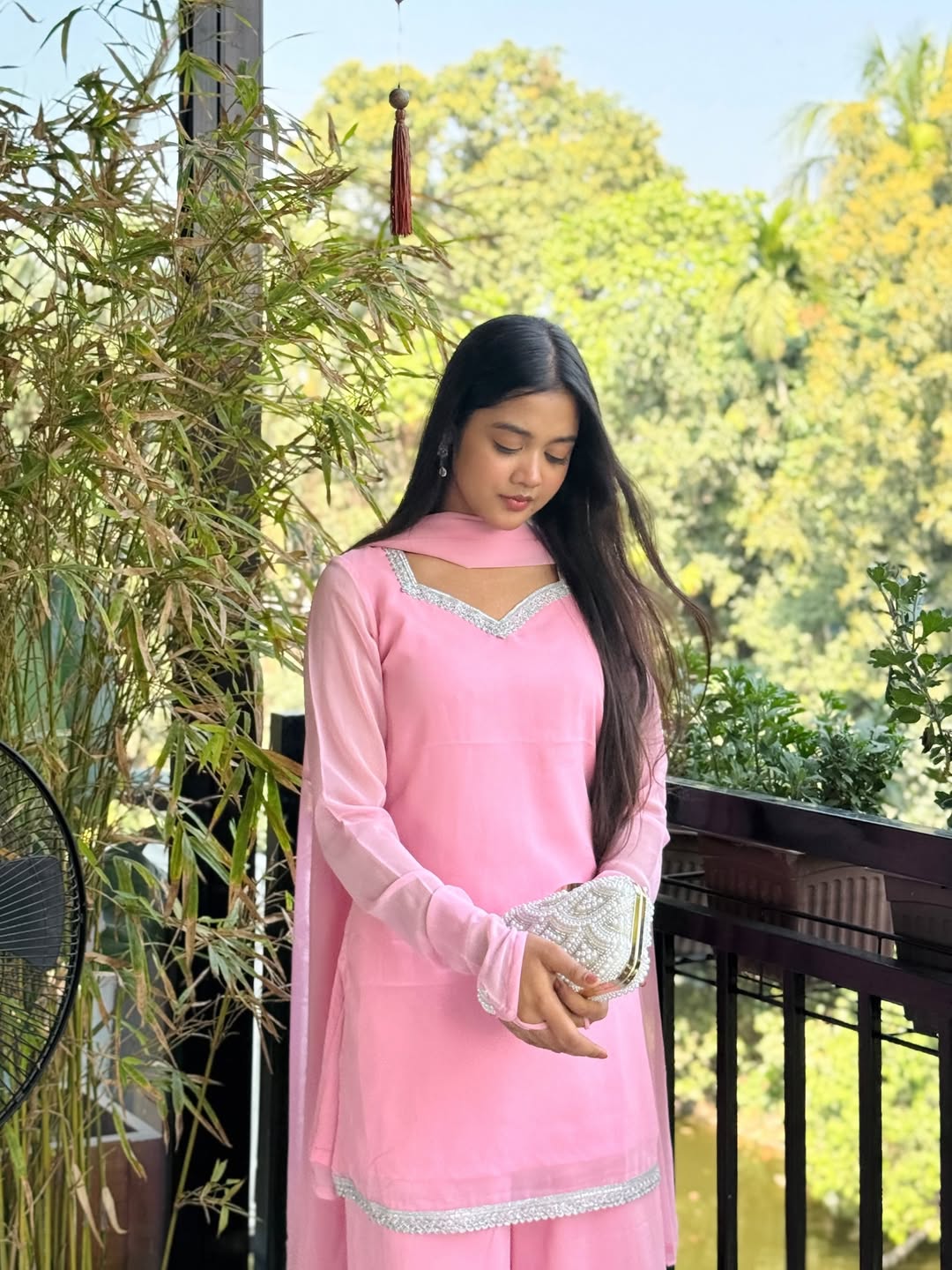 90s Style fish cut Pink Georgette sharara Suit Set for Women with Dupatta