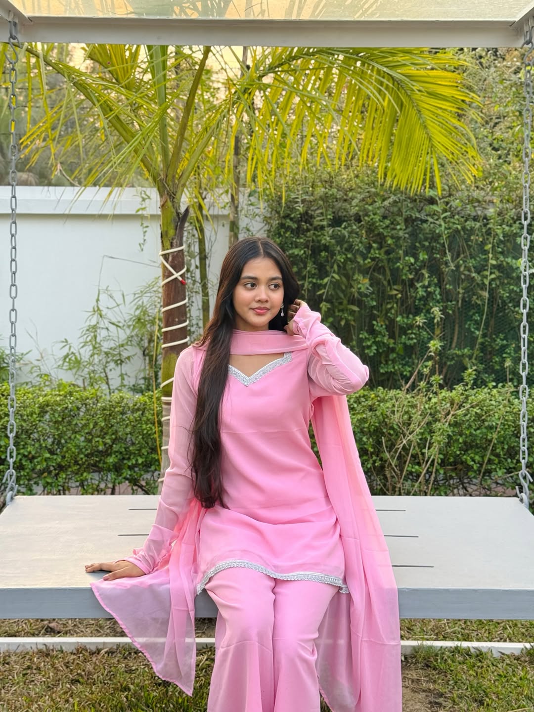 90s Style fish cut Pink Georgette sharara Suit Set for Women with Dupatta