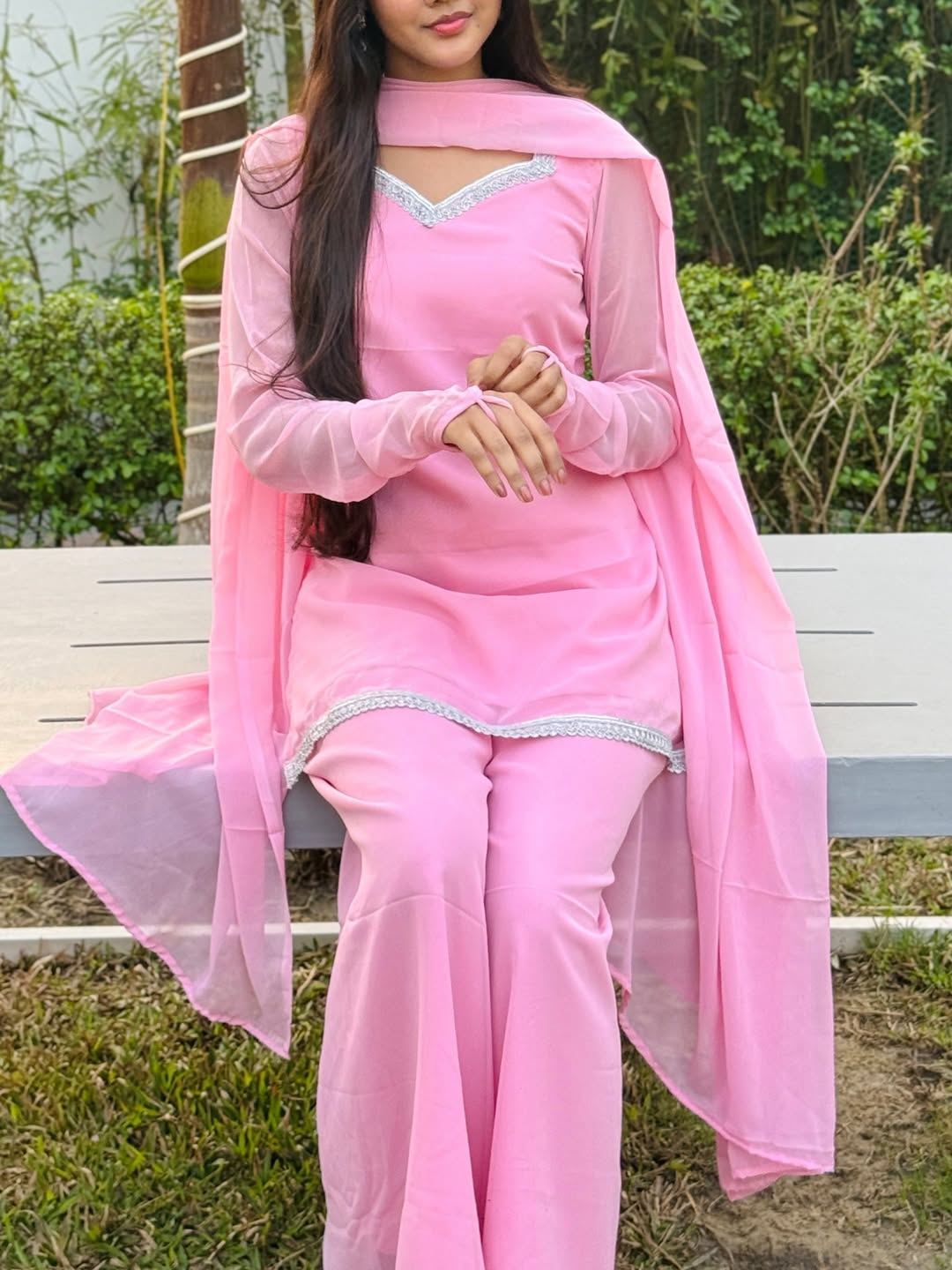 90s Style fish cut Pink Georgette sharara Suit Set for Women with Dupatta