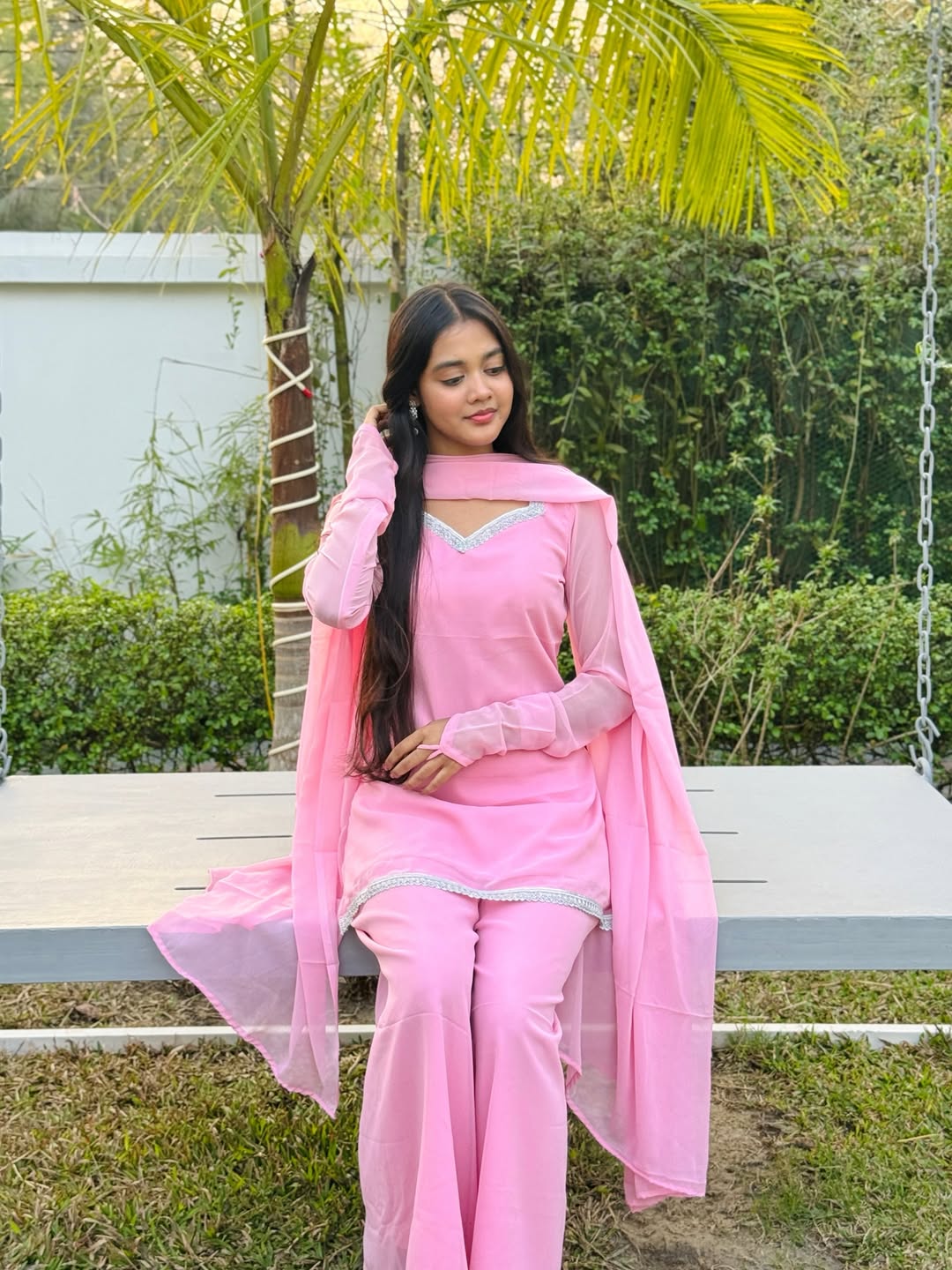90s Style fish cut Pink Georgette sharara Suit Set for Women with Dupatta