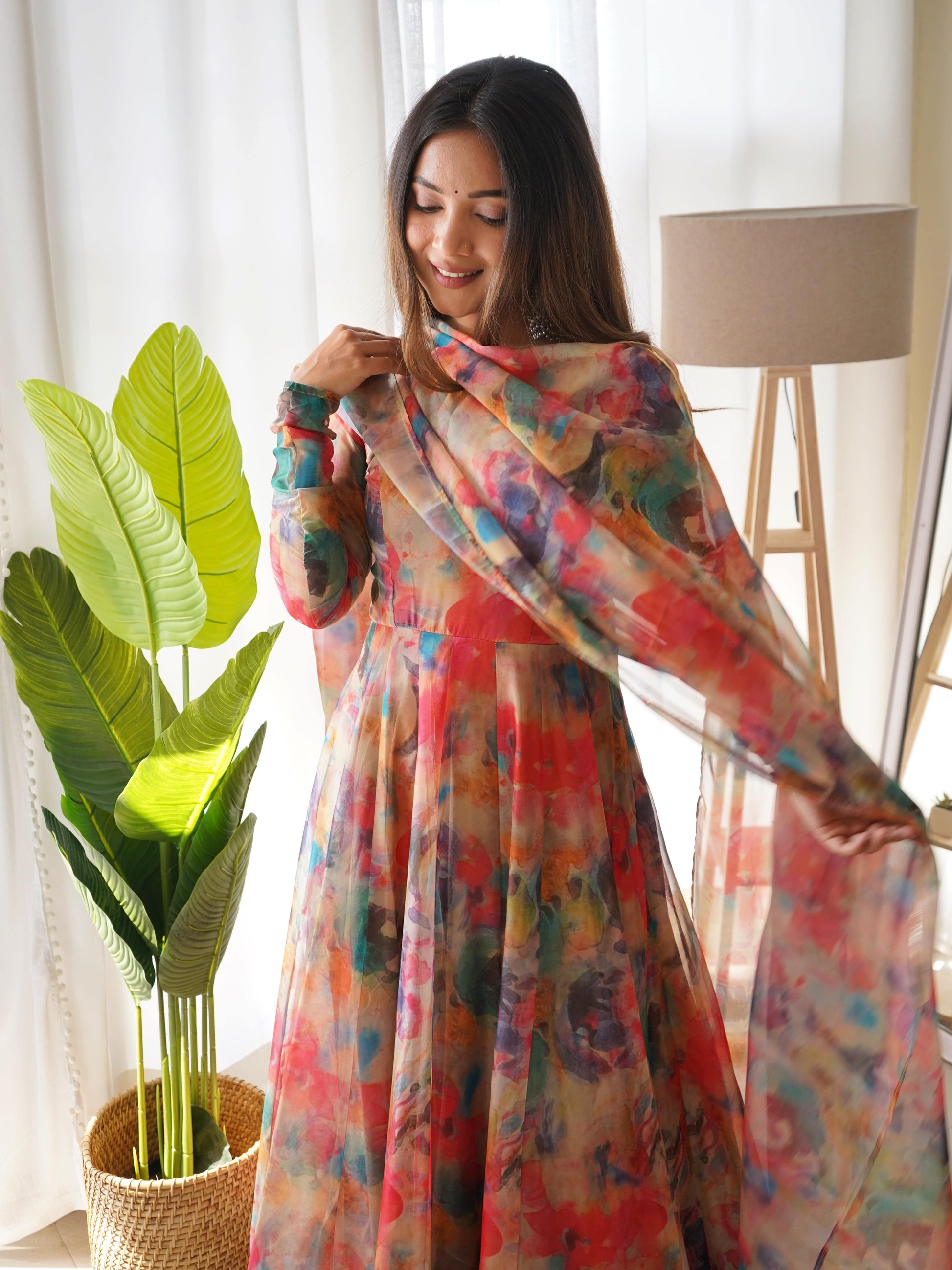 Elegant Soft Organza Silk Floral Designer Anarkali Pant Suit - INDIAN ELEGANCE