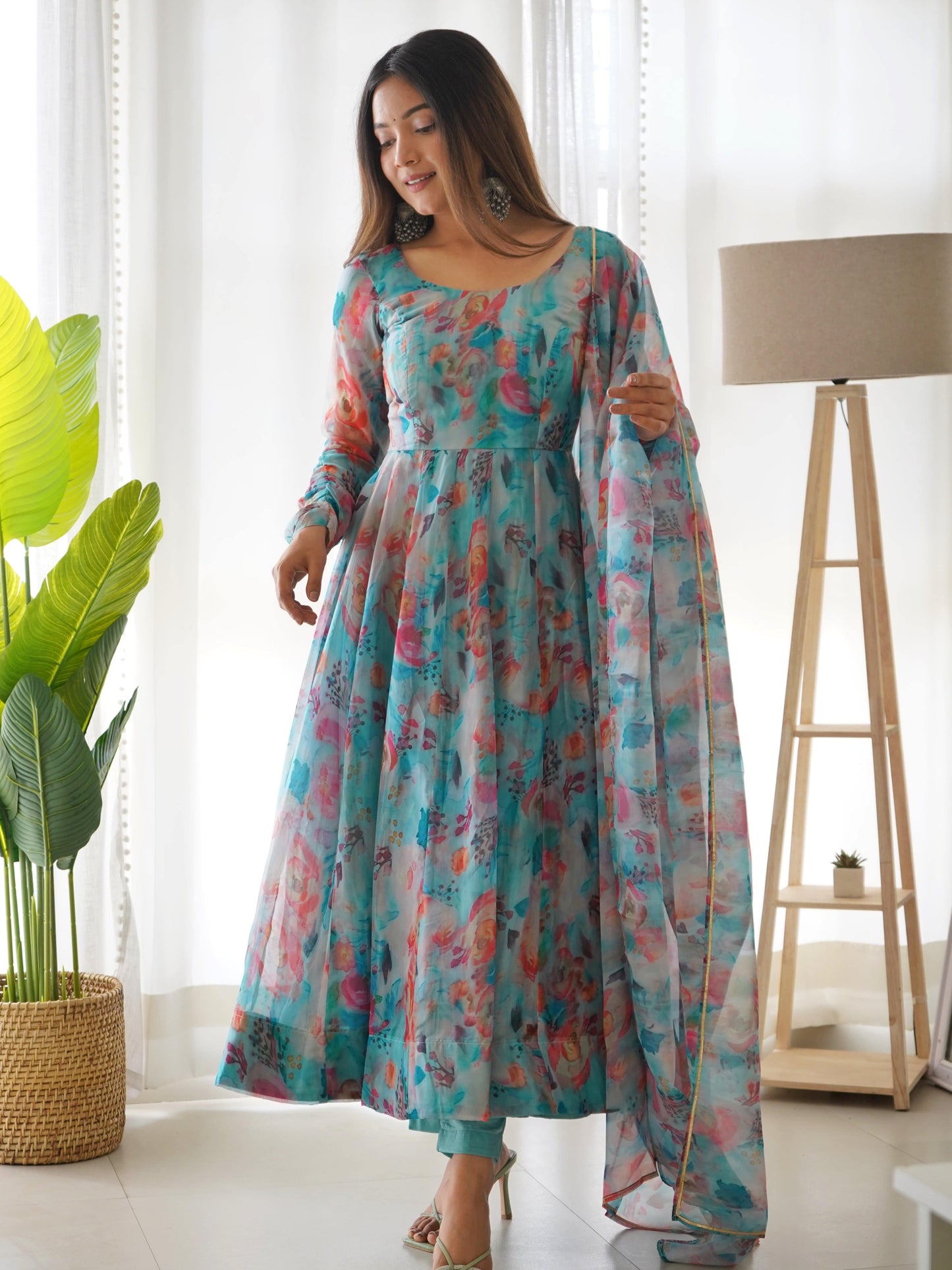 Elegant Soft Organza Silk Floral Designer Anarkali Pant Suit - INDIAN ELEGANCE