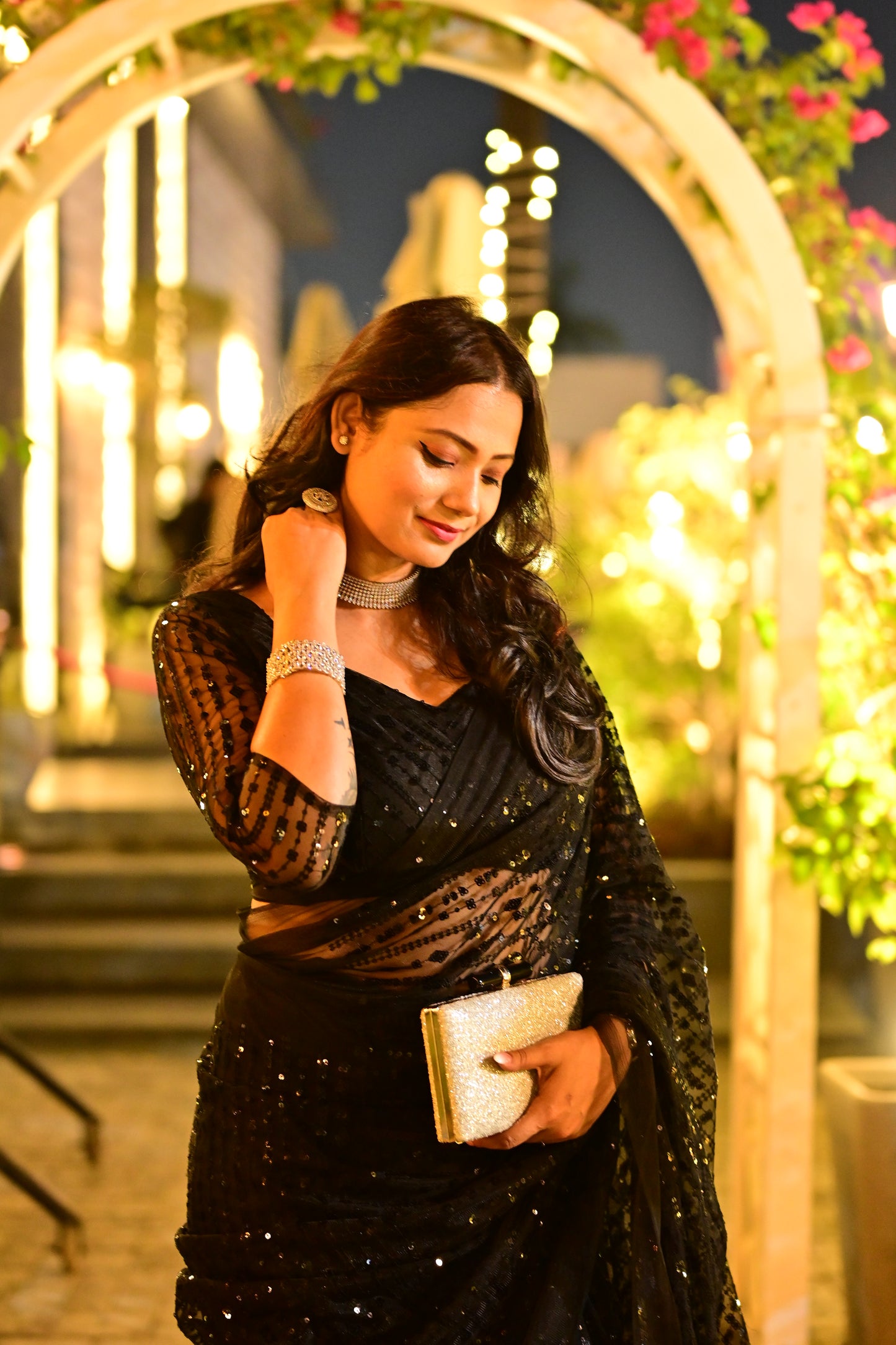 Magnificent Black Net Sequins Worked Designer Saree - INDIAN ELEGANCE